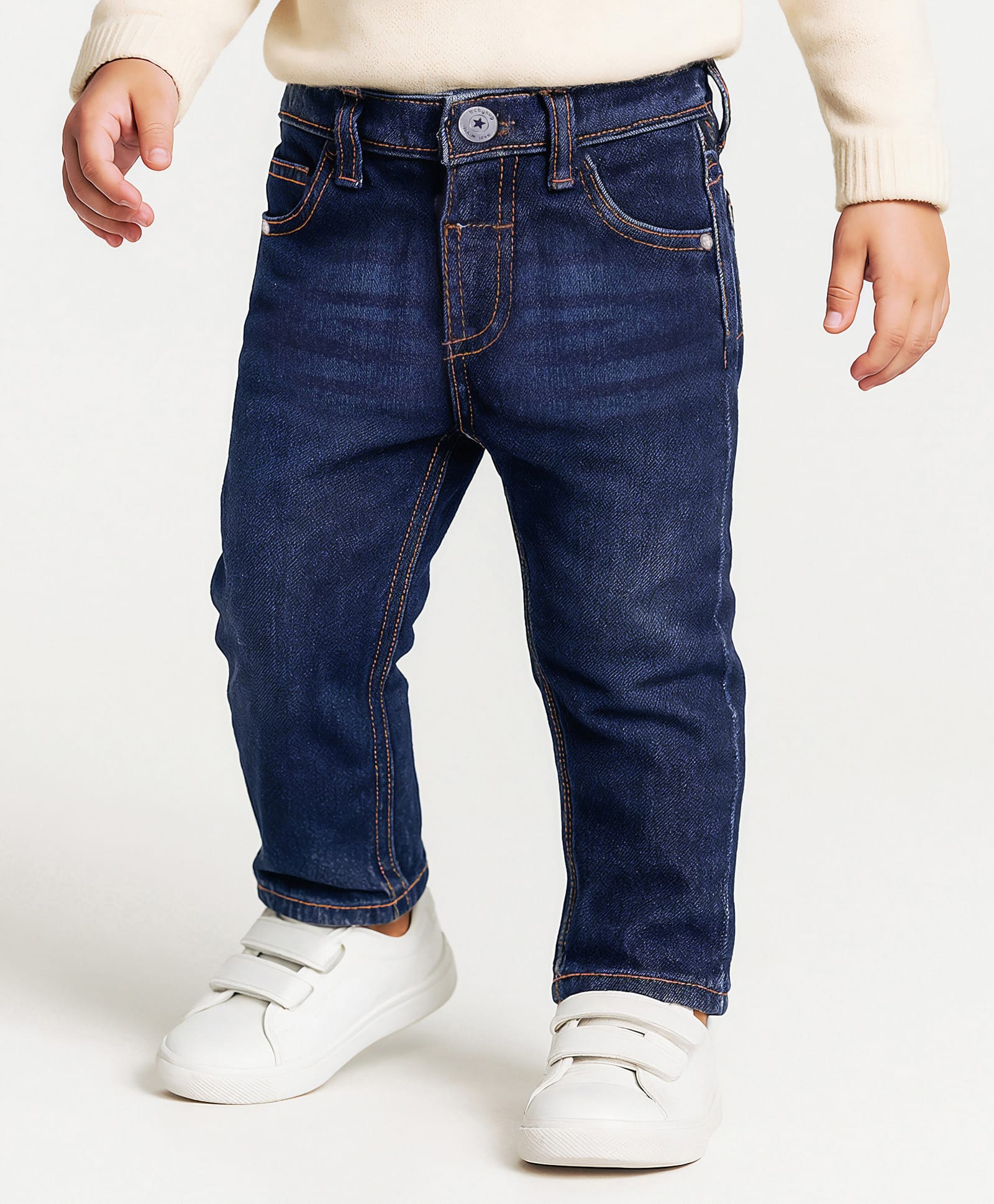 Babyhug Full Length Washed Jeans with Stretch - Navy Blue