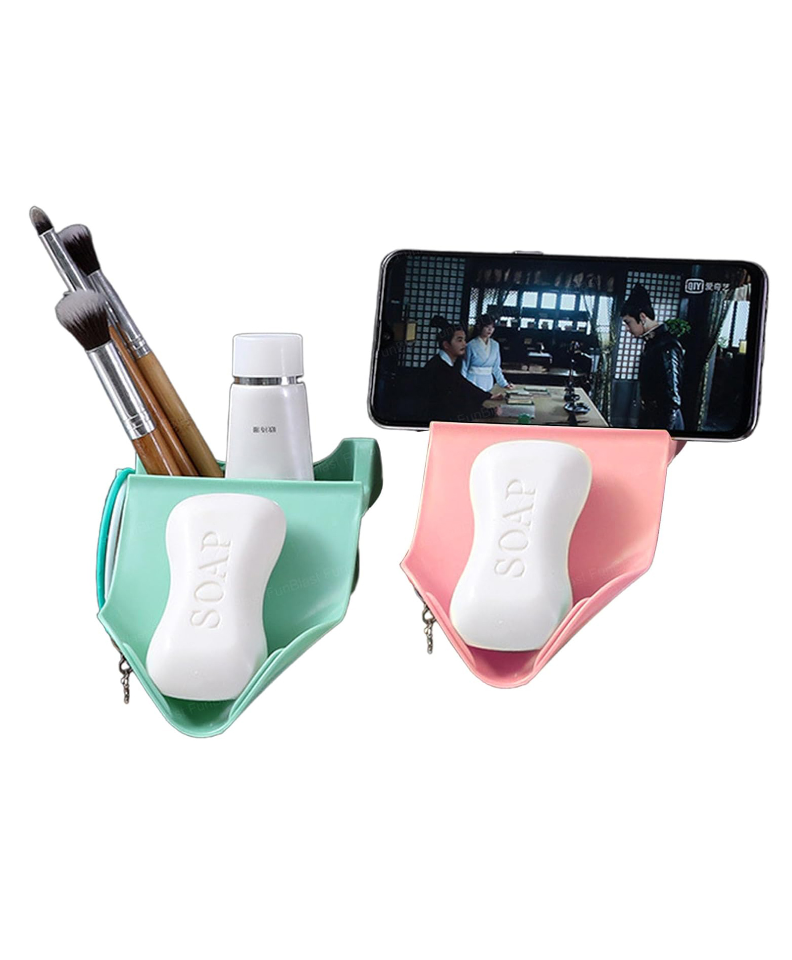 Funeiko Soap Stand Holder with Wall Mounted Sticker Pack of 2 Green Light Pink-picture-19
