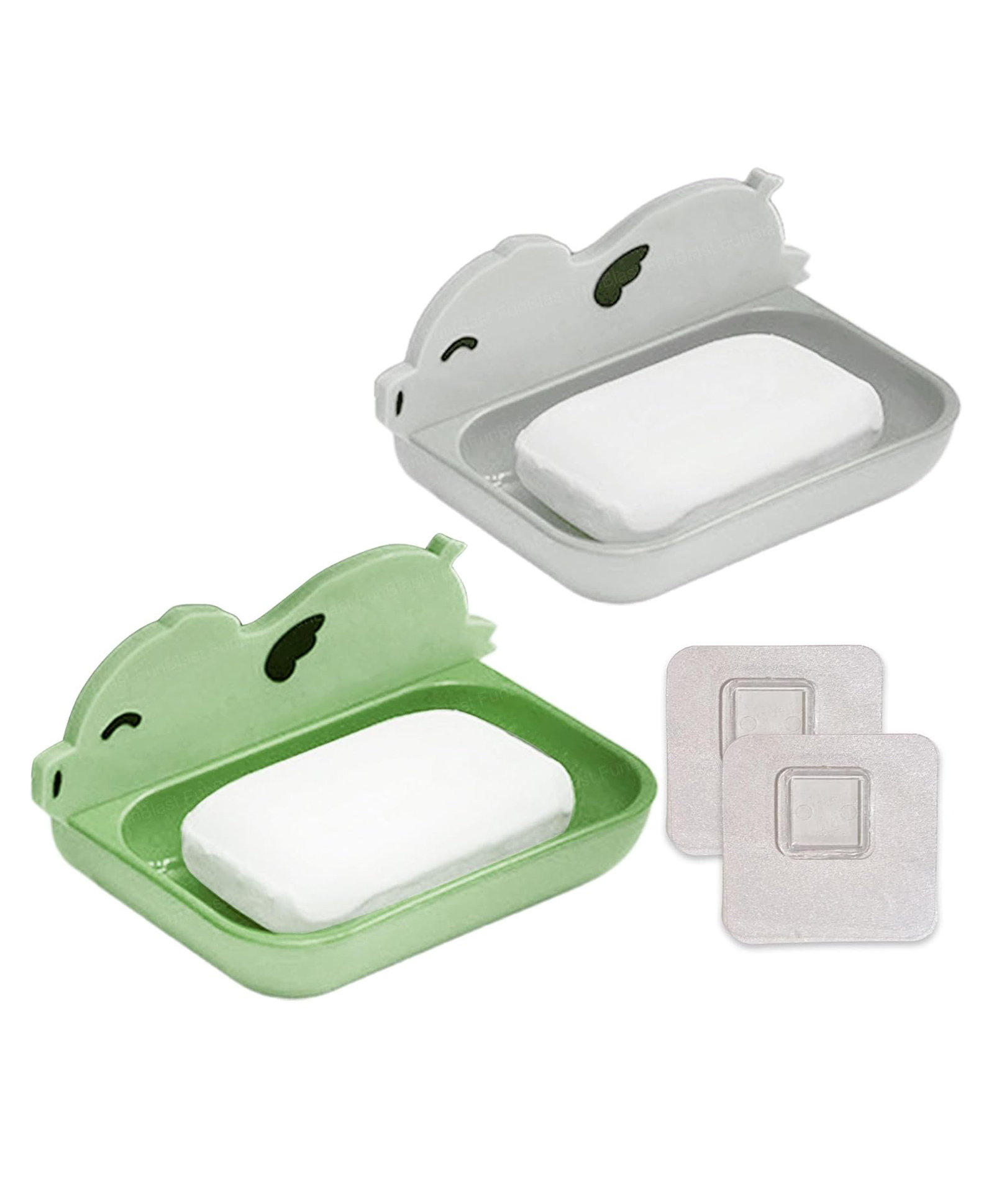 Funeiko Pig Design Soap Case with Wall Mounted Sticker Pack of 2 Green Light Grey-picture-24