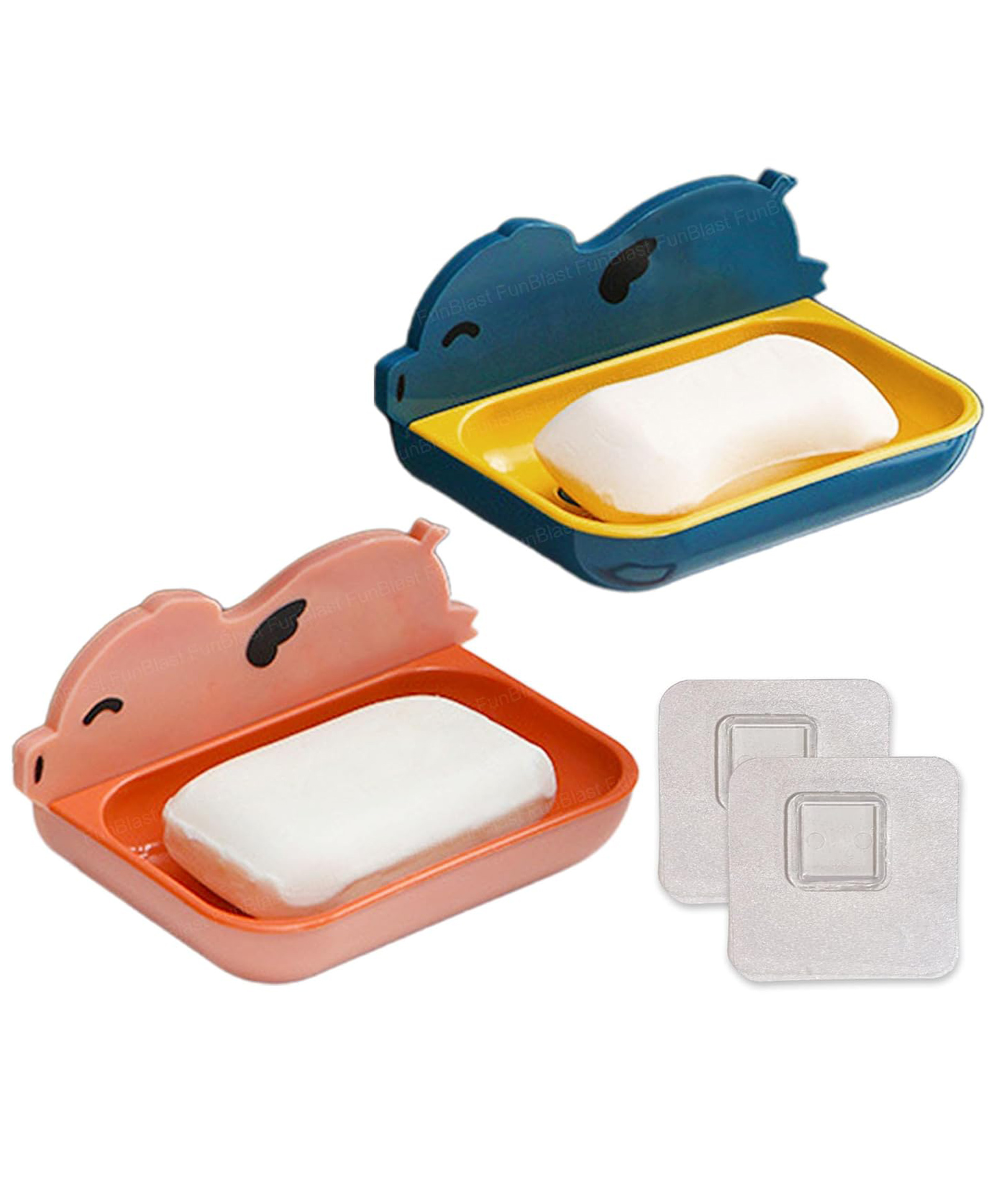 Funeiko Pig Design Soap Case with Wall Mounted Sticker Pack of 2 Blue Pink-image-7