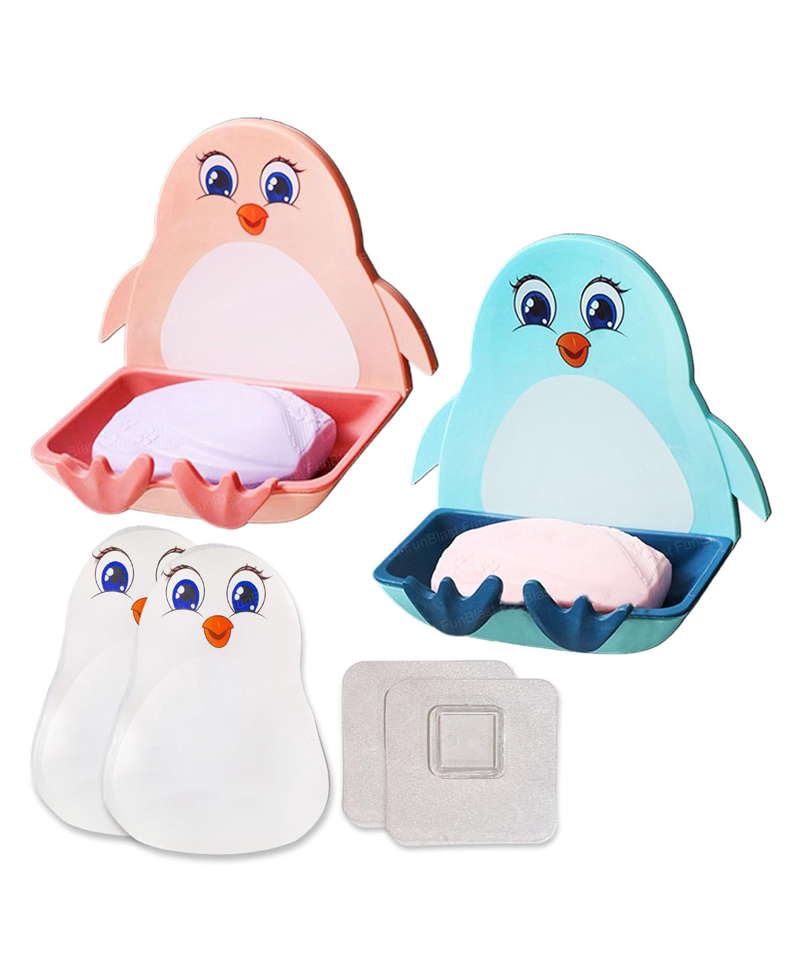 Funeiko Penguin Design Soap Case with Wall Mounted Stickers Pack of 2 Blue Pink-picture-21