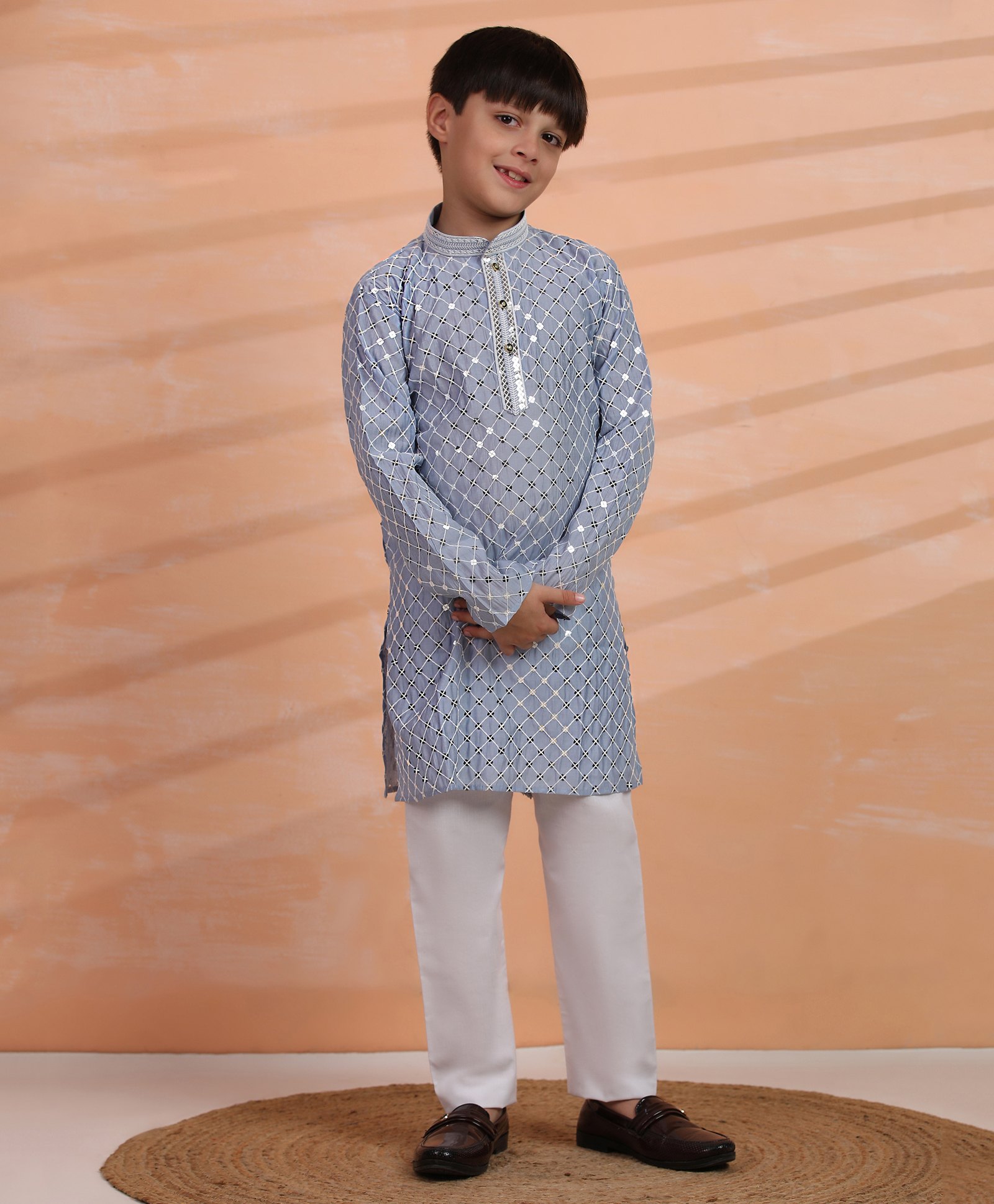 P-MARK Full Sleeves Thread Work Detailed & Sequins Embellished Kurta With Solid Pyjama Set - Blue-image-44