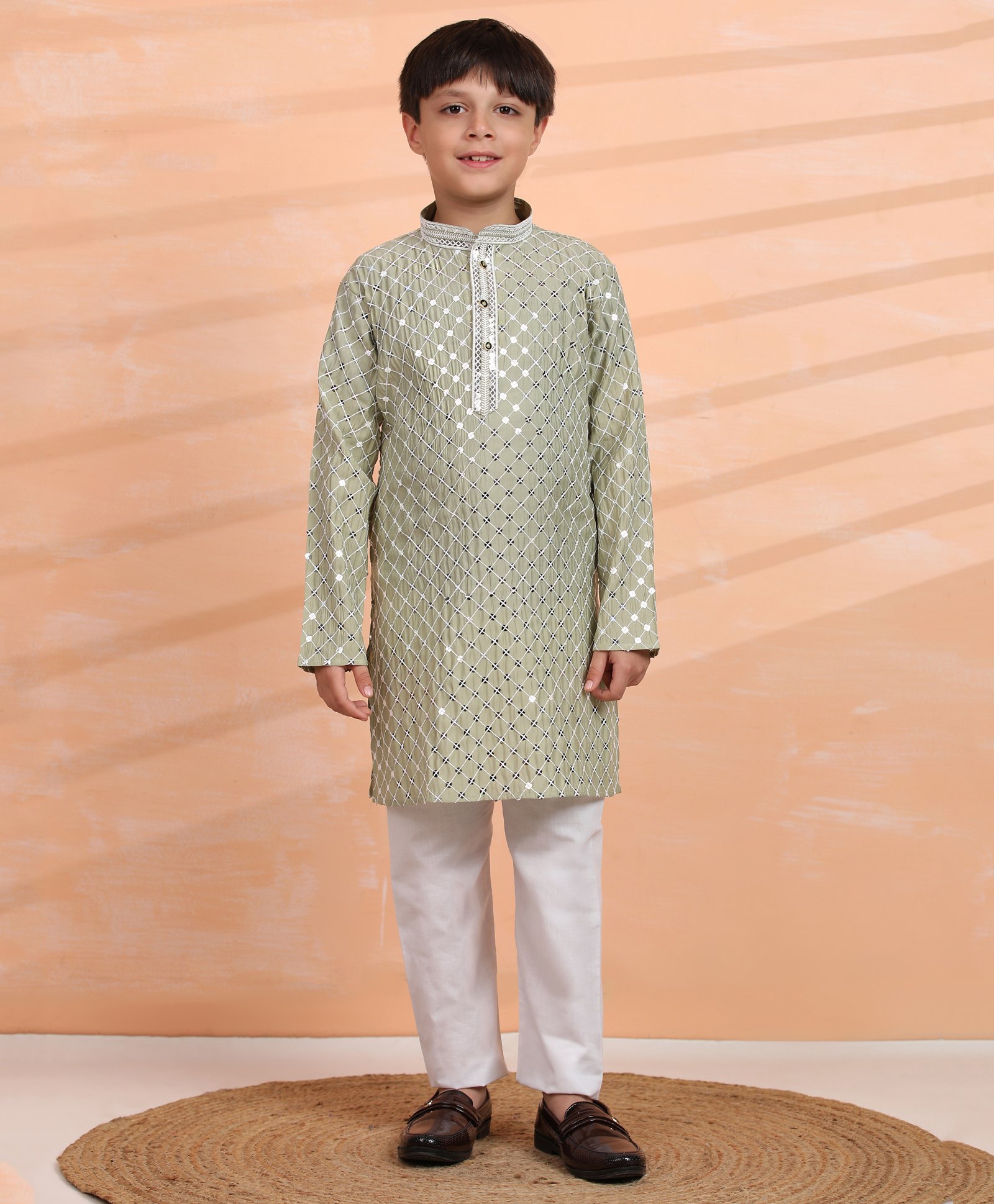 P-MARK Full Sleeves Thread Work Detailed & Sequins Embellished Kurta With Solid Pyjama Set - Green-picture-30