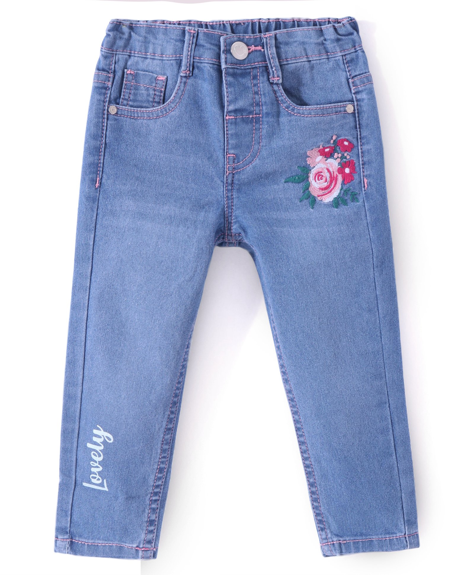 Babyhug Denim Full Length Jeans With Stretch & Floral Embroidery- Blue-picture-10