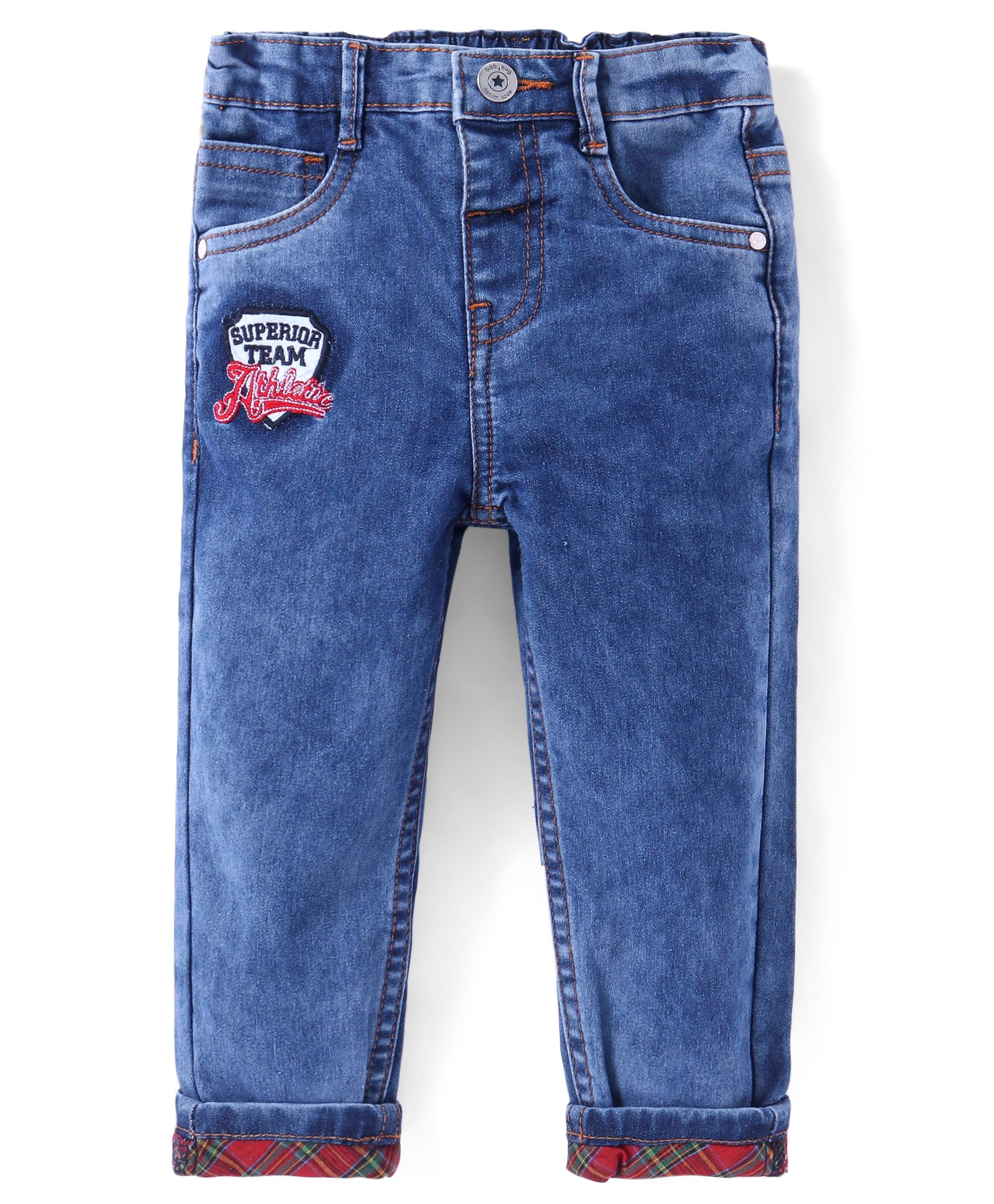 Babyhug Denim Full Length Jeans with Stretch Text Applique - Royal Blue-image-36