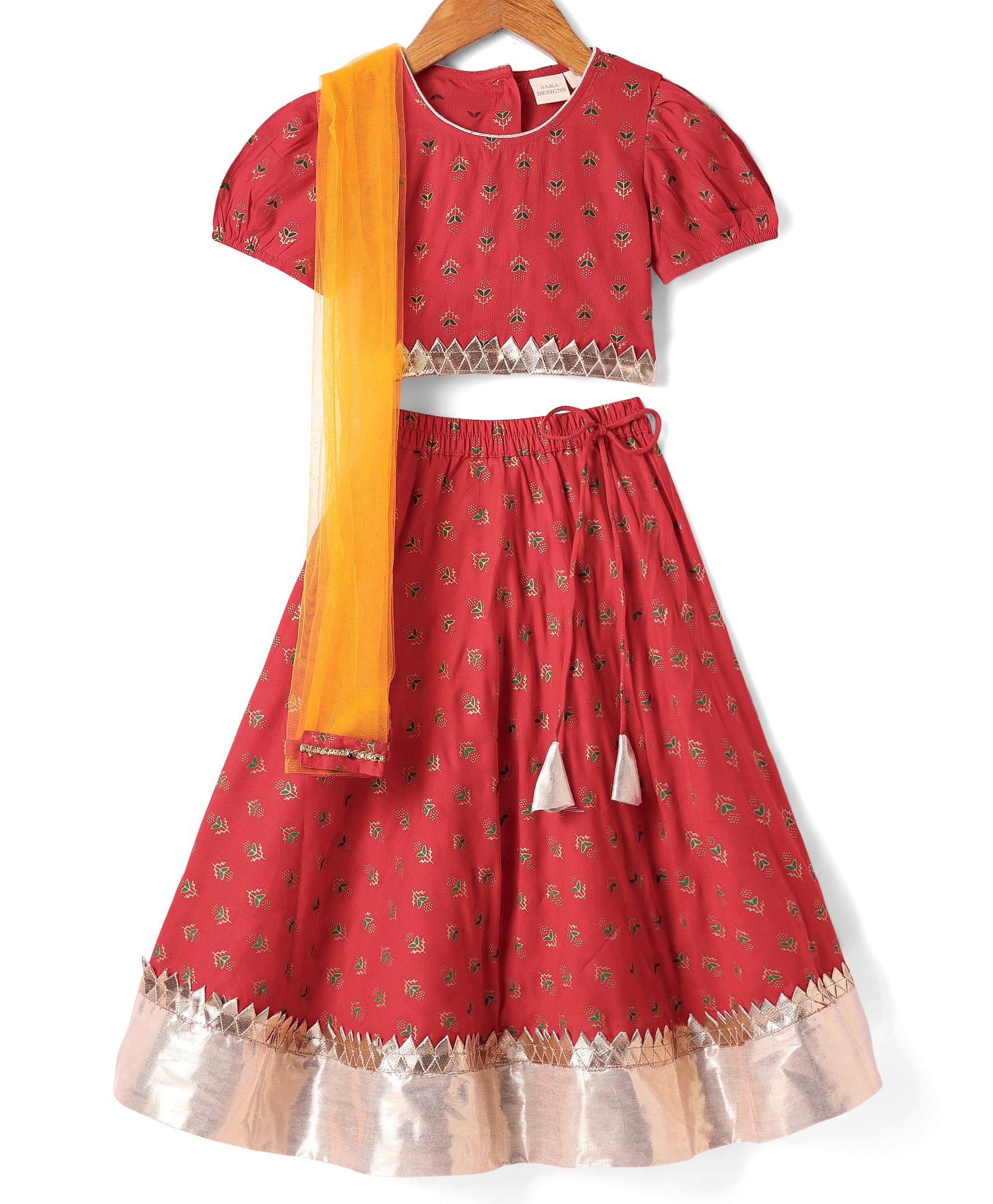 Saka Designs Rayon Woven Puffed Sleeves Choli Lehenga Set with Floral Foil Print Lace Detailing & Dupatta- Red and Golden-picture-14