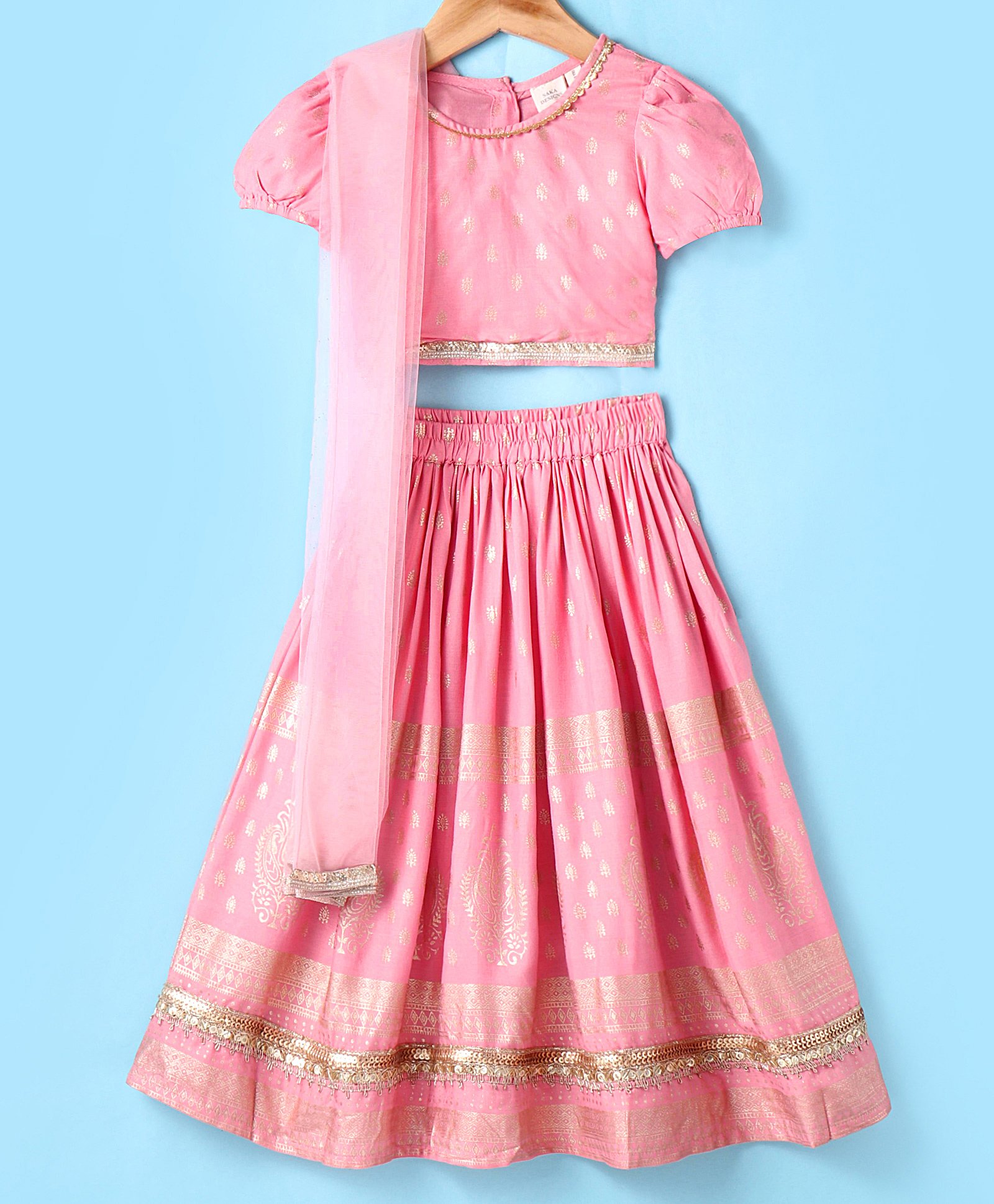 Saka Designs Rayon Puffed Half Sleeves Choli Lehenga & Dupatta Set with Foil Print & Lace Detailing - Peach & Gold-picture-25