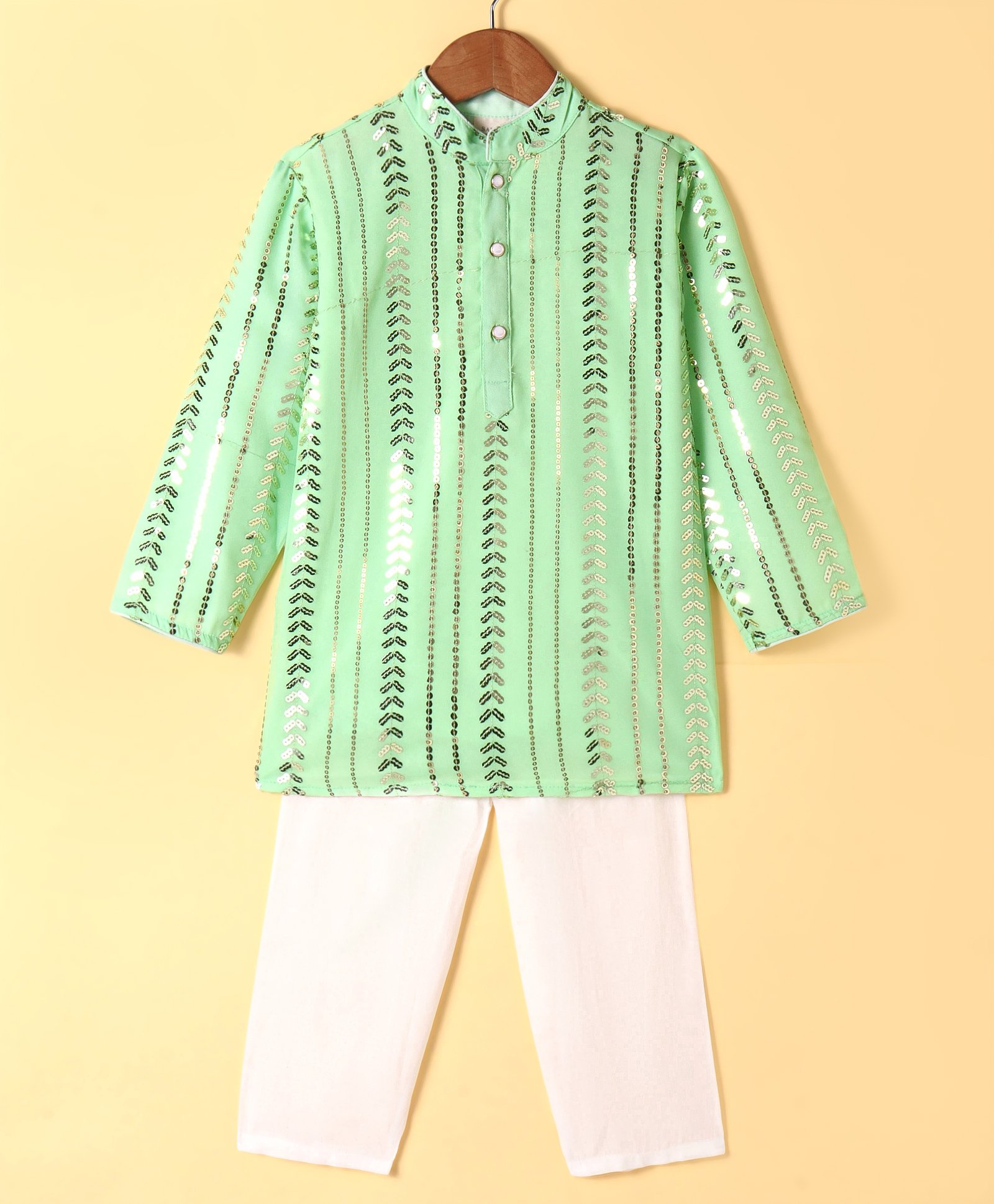 Saka Designs Woven Georgette Full Sleeves Embroidered Kurta with Sequin Detailing & Solid Colour Pyjama Set - Sea Green & White-image-42