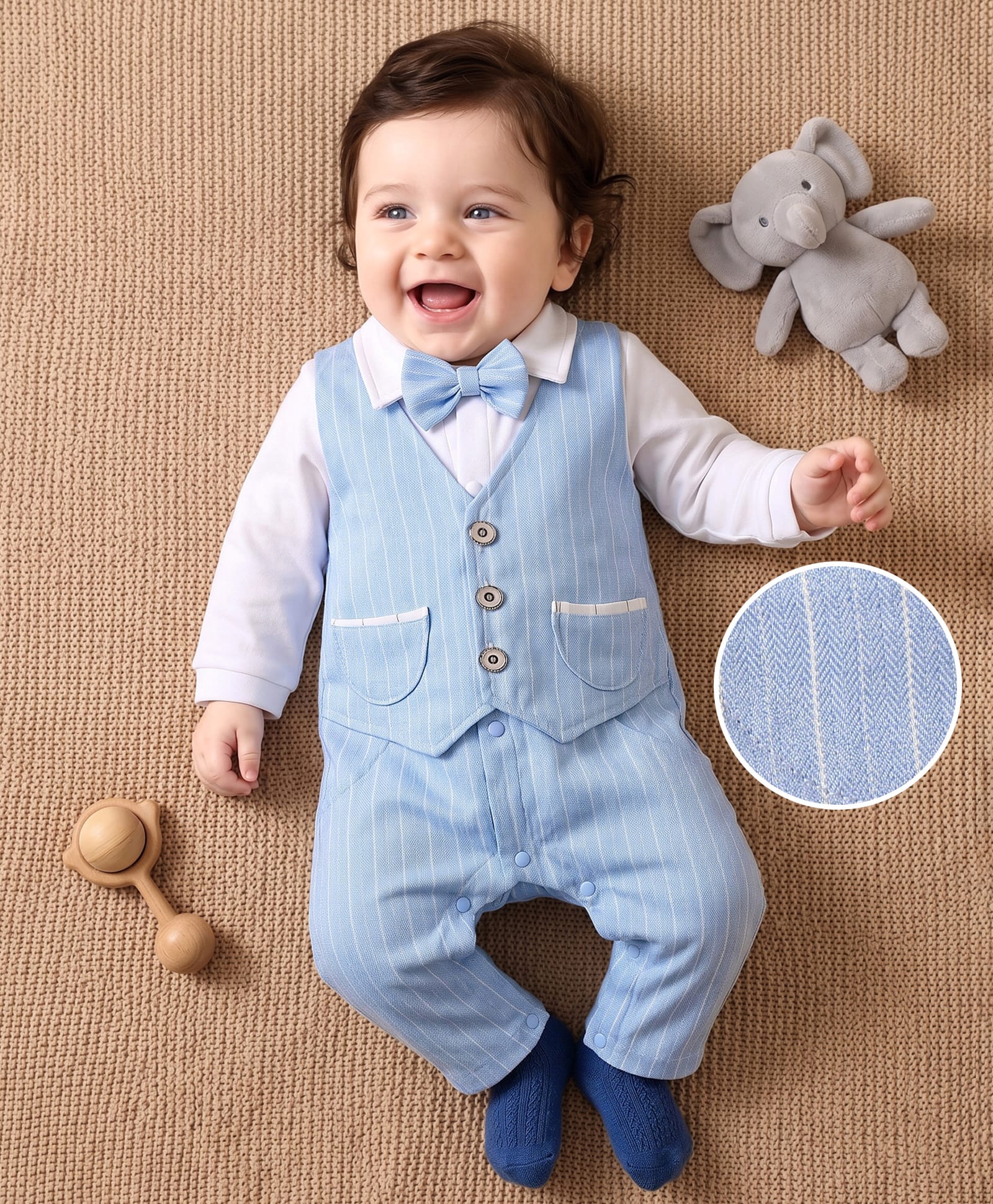 Kookie Kids Full Sleeves Party Wear Striped Waist Coat Romper With Bow Detailing - Light Blue-image-1