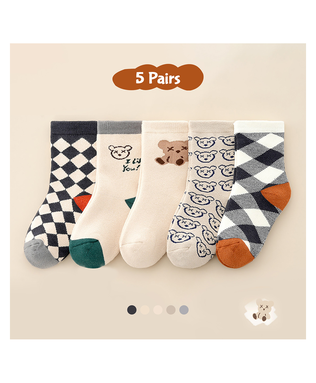 SYGA Set Of 5 Cotton Printed Socks - Cream-picture-12