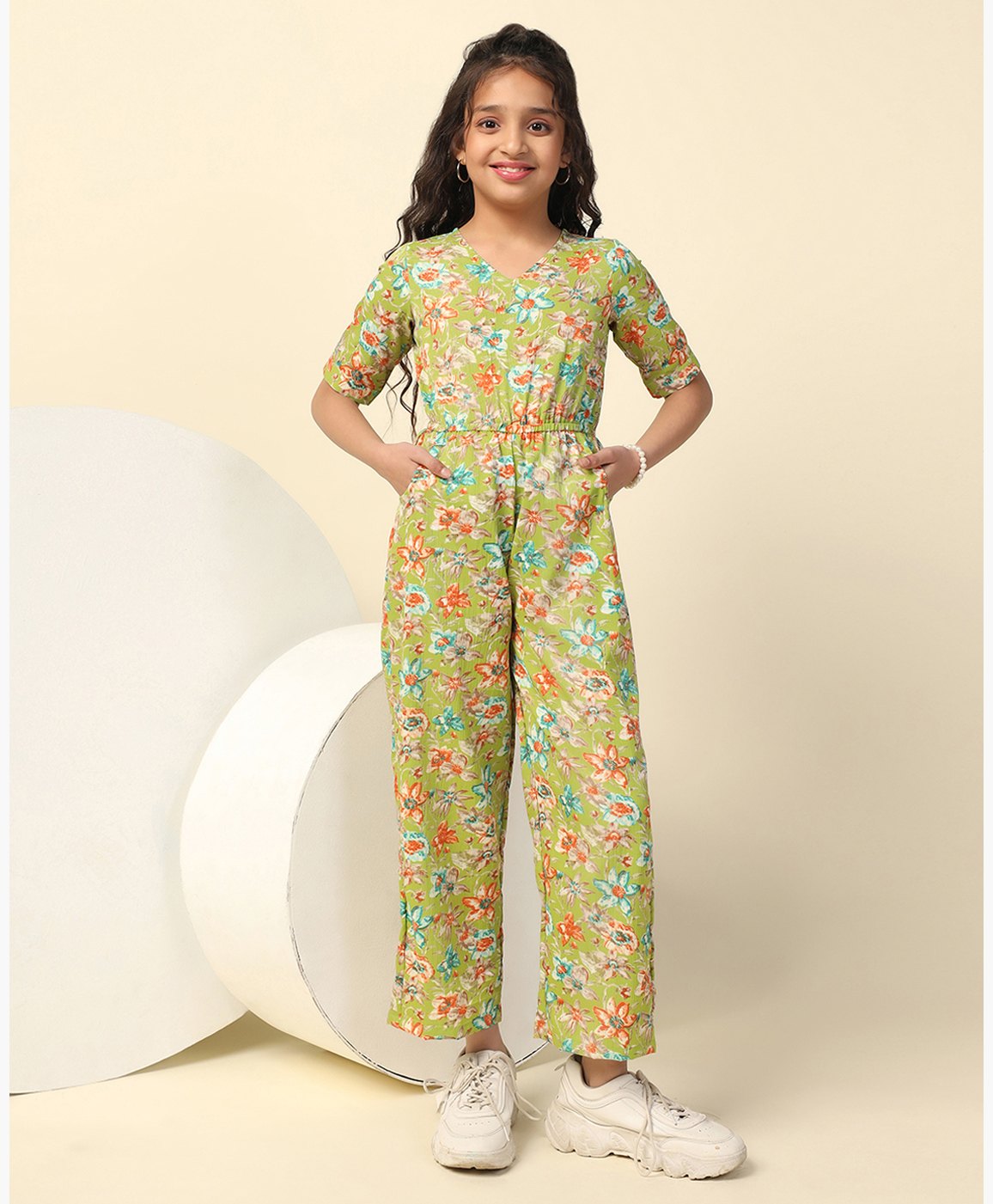 Fashion Dream Half Sleeves Floral Printed Jumpsuit - Green-picture-21