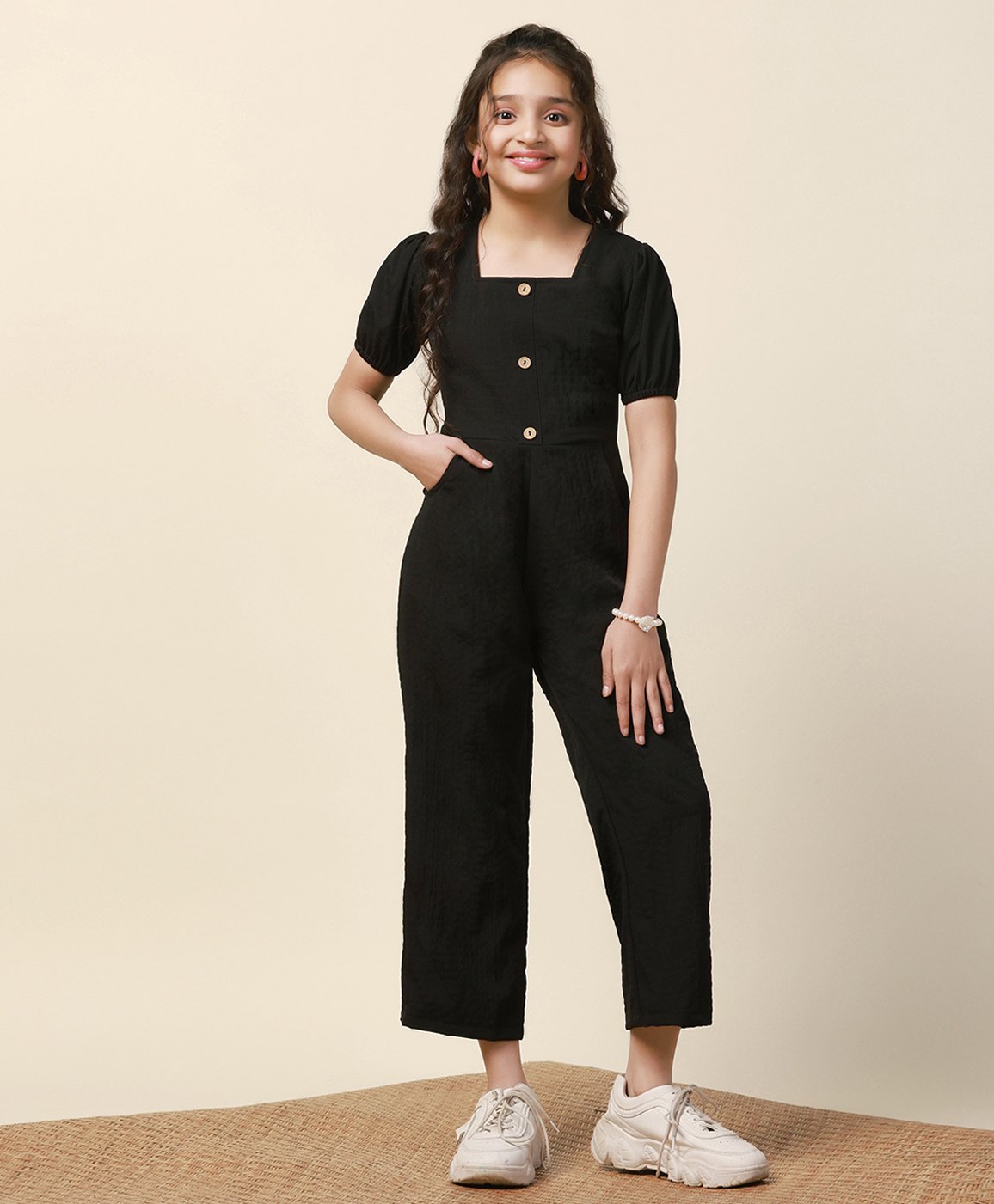 Fashion Dream Half Puffed Sleeves Self Design Solid Jumpsuit - Black-picture-26