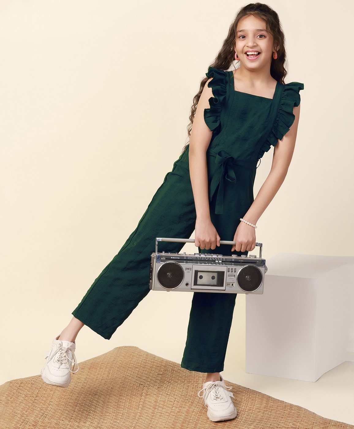 Fashion Dream Flutter Sleeves Self Designed Jumpsuit With Belt - Green-picture-18