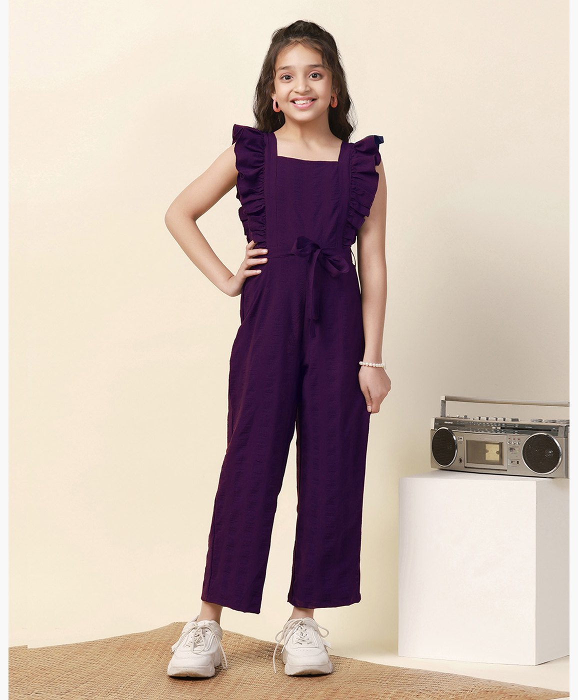 Fashion Dream Flutter Sleeves Self Designed Jumpsuit With Belt - Purple-picture-11