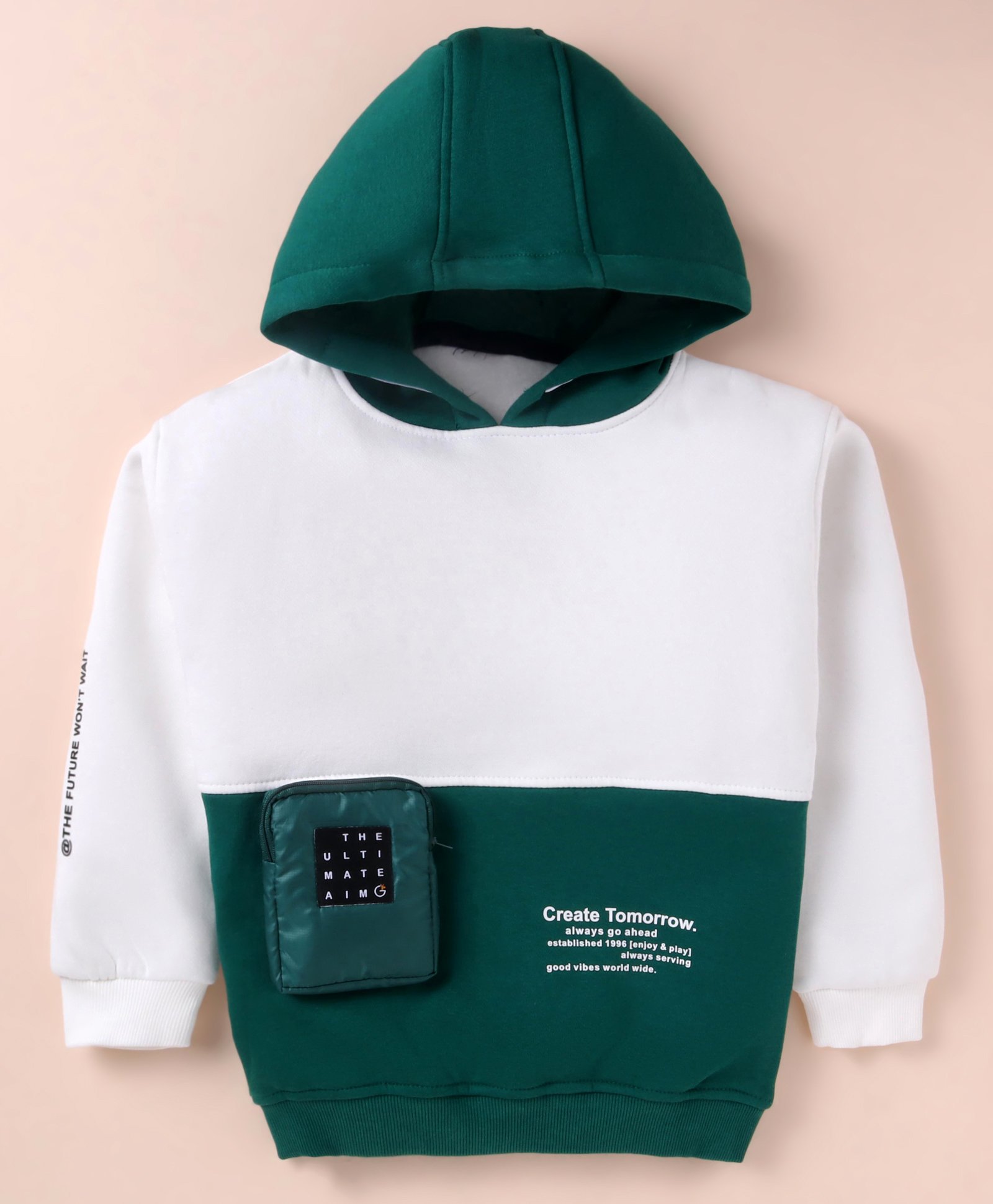 Little Kangaroos Fleece Knitted Full Sleeves Colour Block  Hooded Jacket With Pocket Applique - Dark Green-image-32