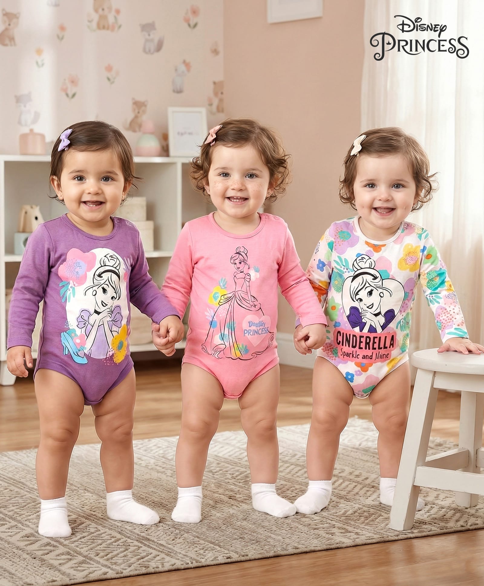 Babyhug Disney Interlock Knit Full Sleeves Onesies with Disney Princess Graphics Pack of 3- White Pink & Purple-picture-18