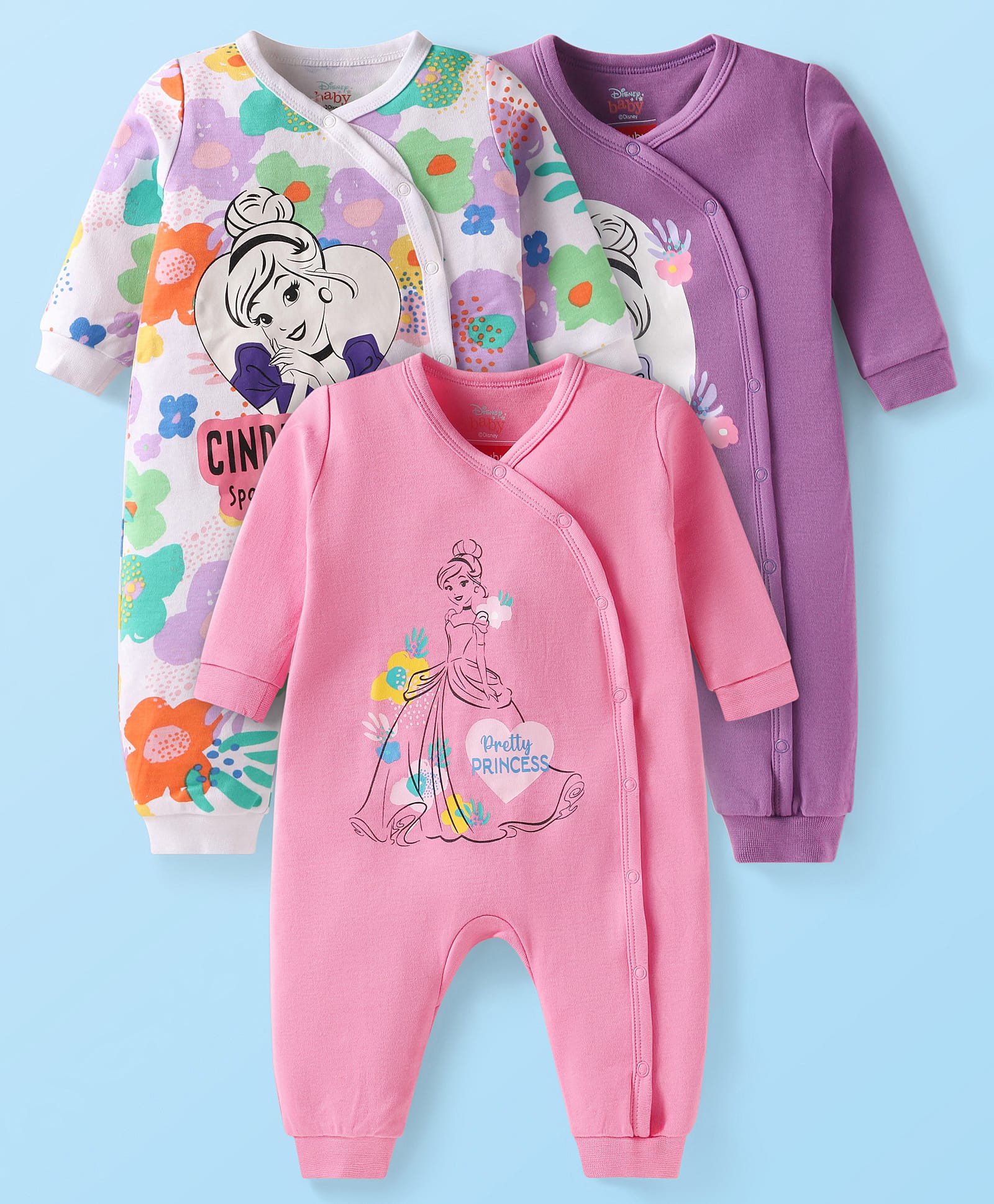 Babyhug Disney Interlock Knit Full Sleeves Front OpenDisney Princess Printed Rompers Pack of 3 - White Purple & Pink-image-29