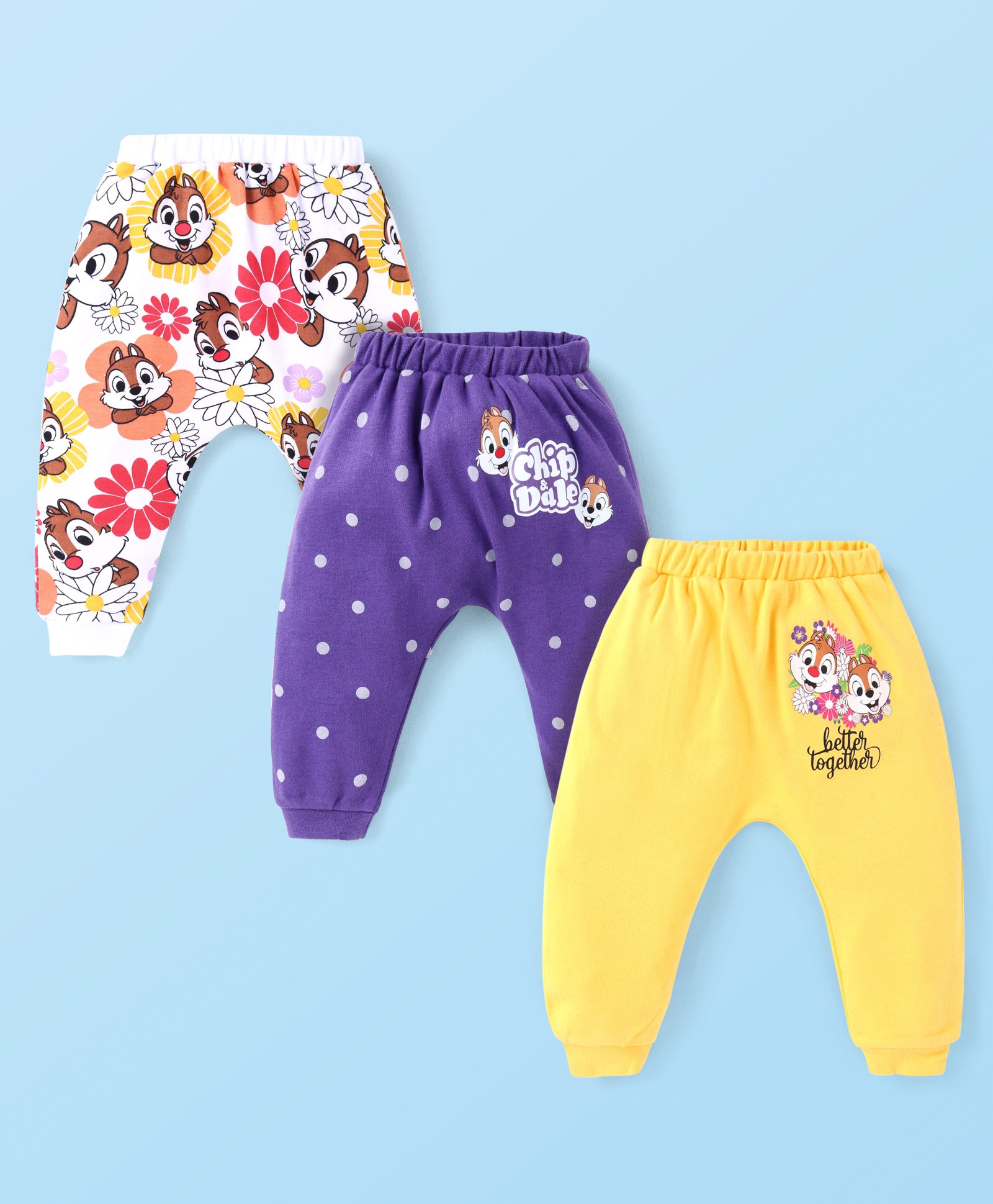 Babyhug Disney Interlock Knit Full Length Diaper Leggings With Chip N Dale Graphics - Purple & Yellow