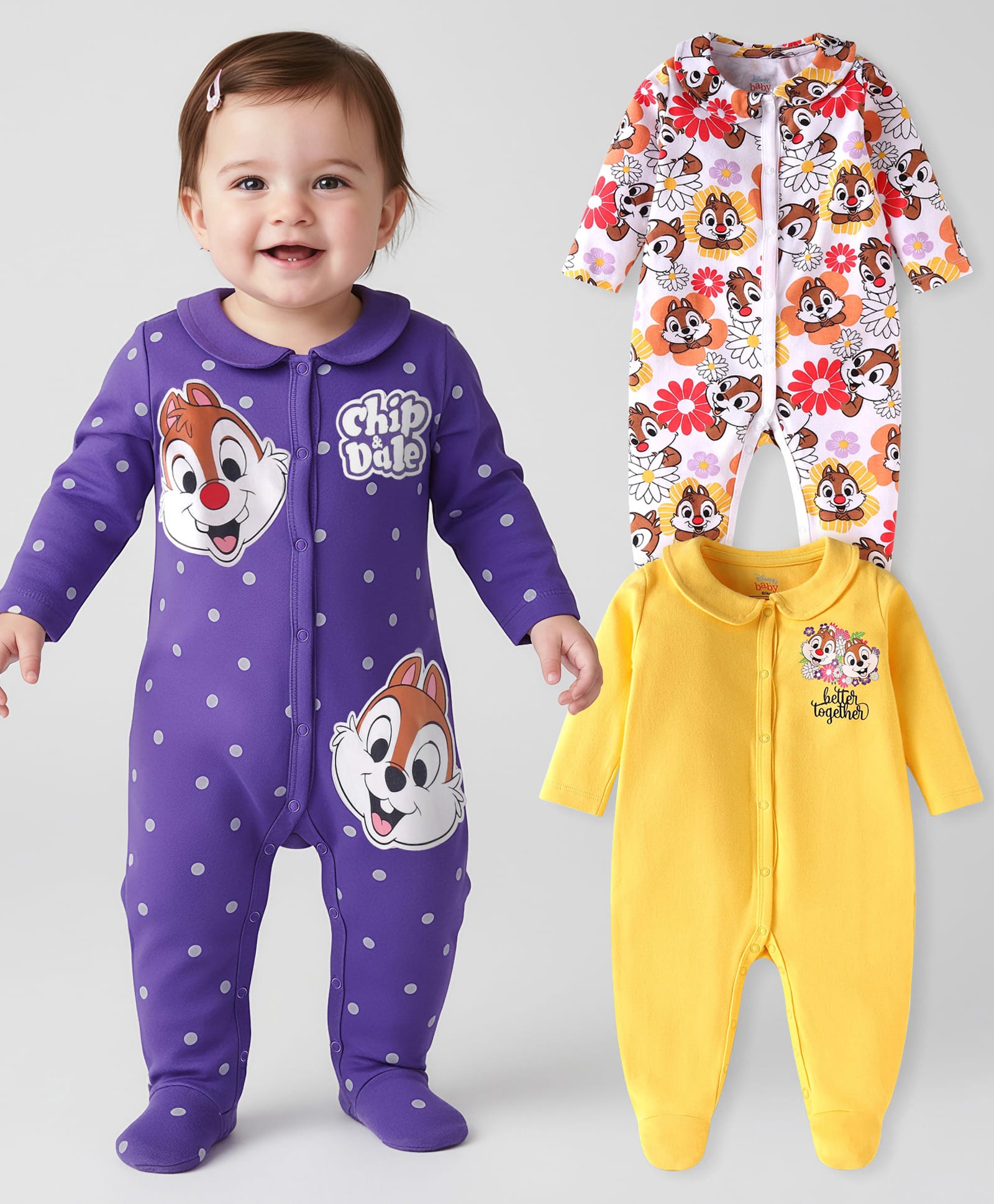 Babyhug Disney Interlock Knit Full Sleeves Footed Peter Pan Collared Night Suit with Chip & Dale Print Pack of 3 - Purple Yellow & White-picture-12
