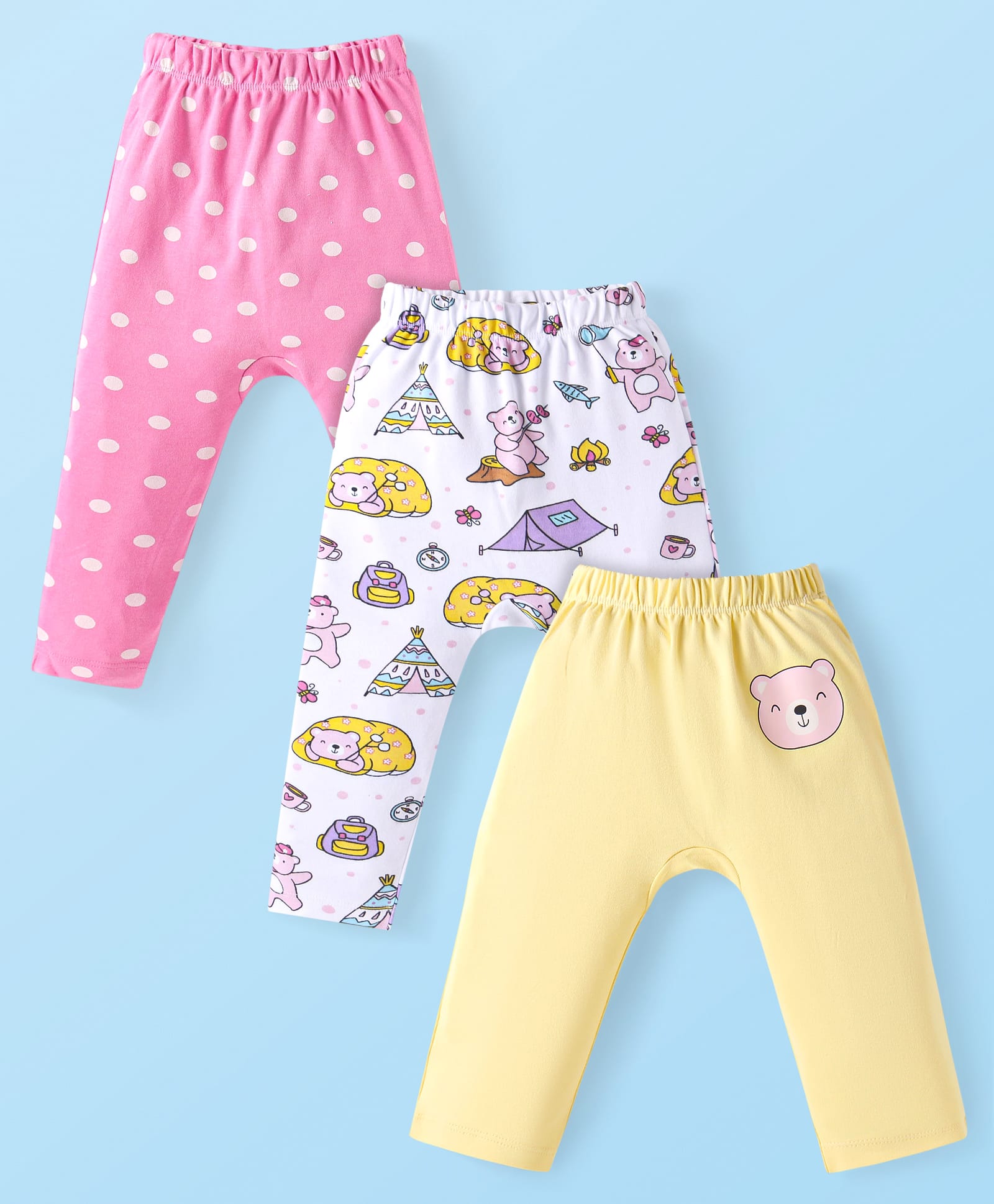 Babyhug Interlock Knit Full Length Diaper Leggings Animal Print Pack of 3 - Pink White & Yellow-picture-13