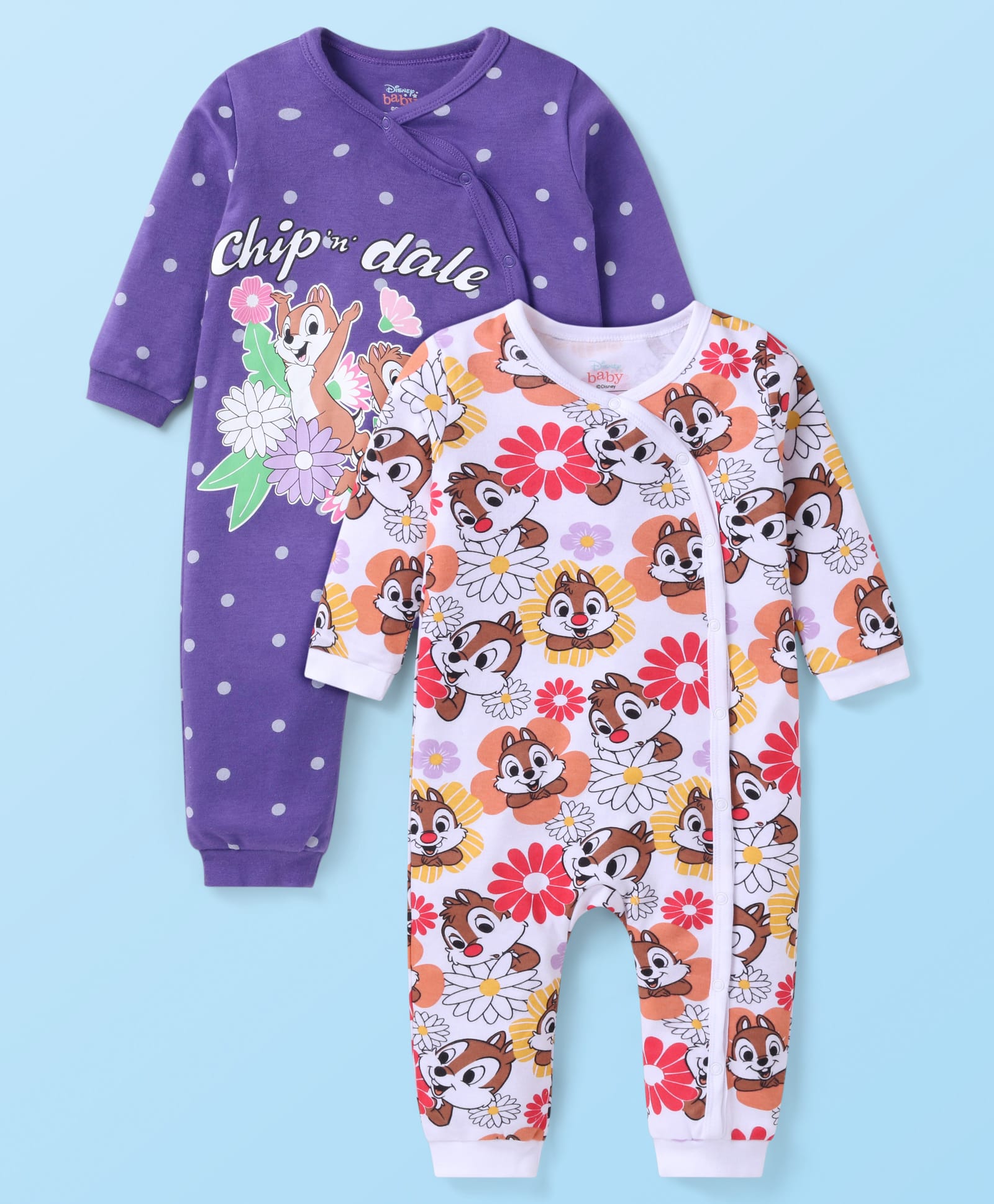 Babyhug Disney Interlock Knit Full Sleeves Front Open Romper with Chip & Dale Print Pack of2- Purple & White-image-10