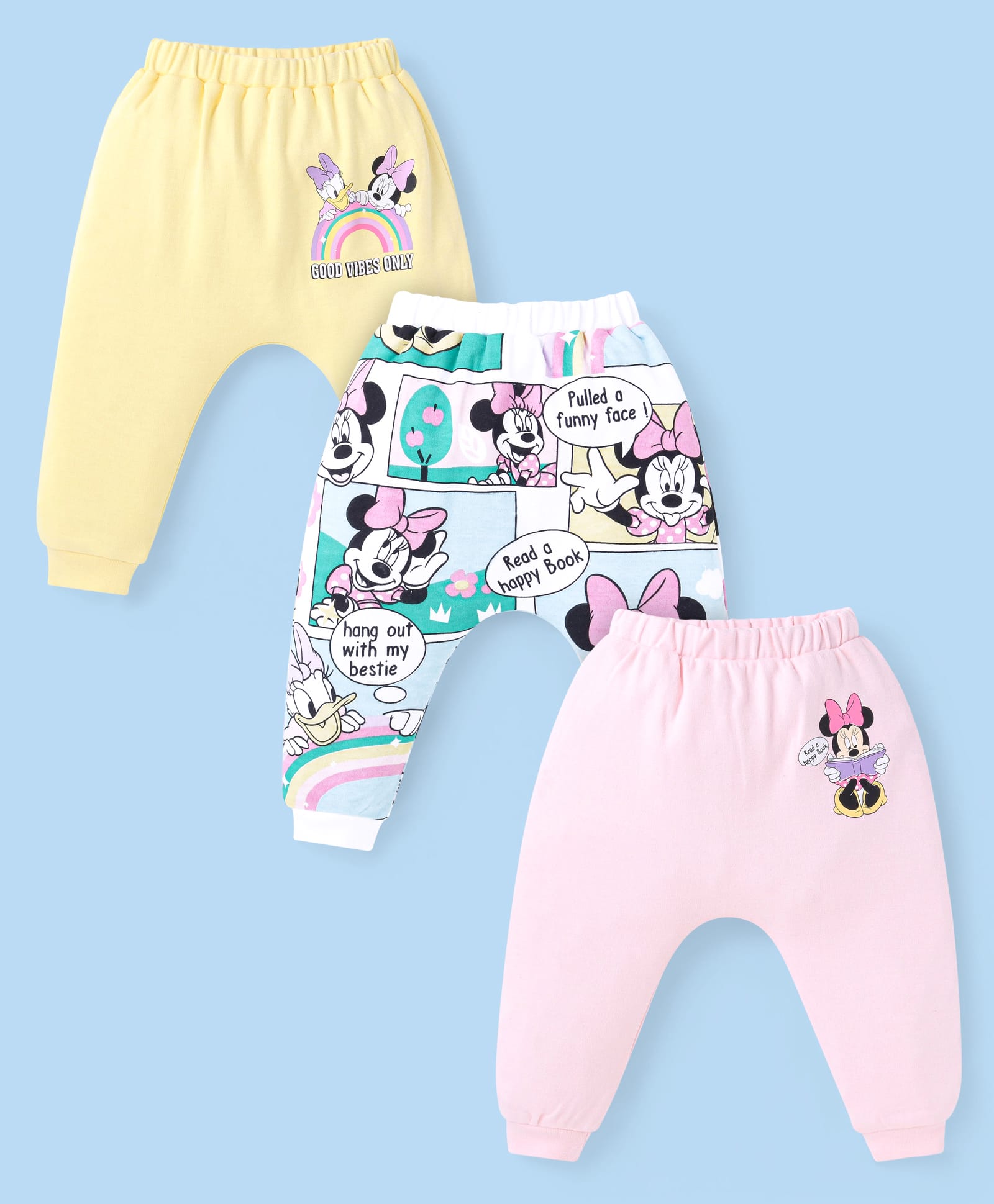 Babyhug Disney Interlock Knit Full Length Diaper Leggings With Minnie Mouse Graphics Pack of 3 - Yellow Light Blue & Light Pink
