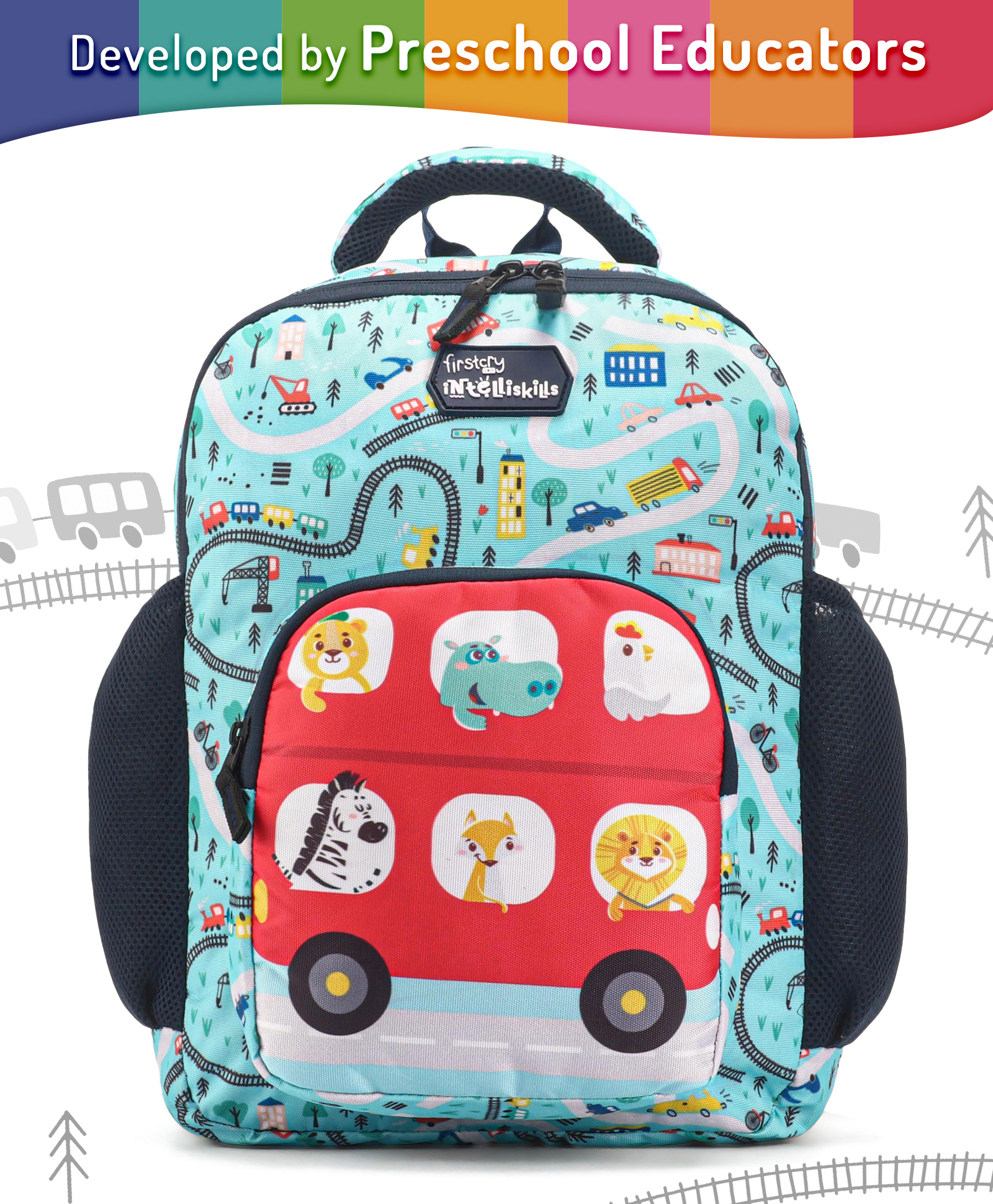 Intelliskills Red Animal Tour Bus Durable School Bag with Comfortable Cushion Padding | Red & Blue | 15 Inches | Trendy & Spacious Kids Backpack | Unisex Printed School Bag for Boys and Girls-image-18