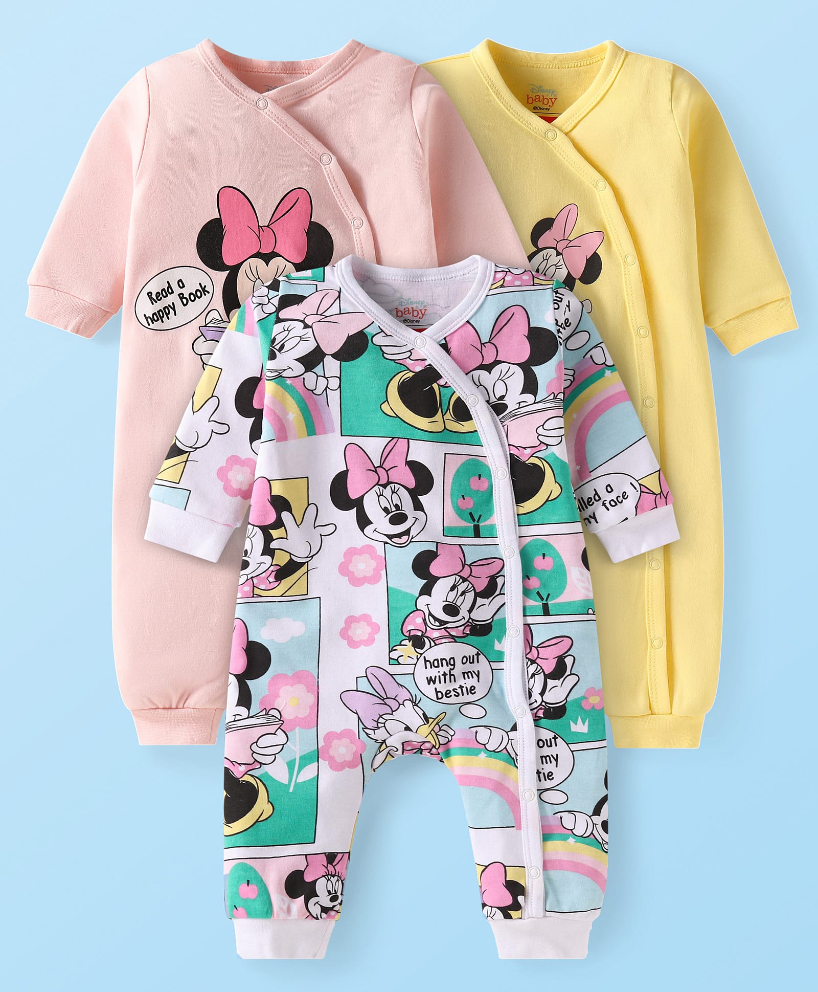 Babyhug Disney Interlock Knit Full Sleeves Front OpenMinnie Mouse Printed Rompers Pack of 3 - White Pink & Yellow