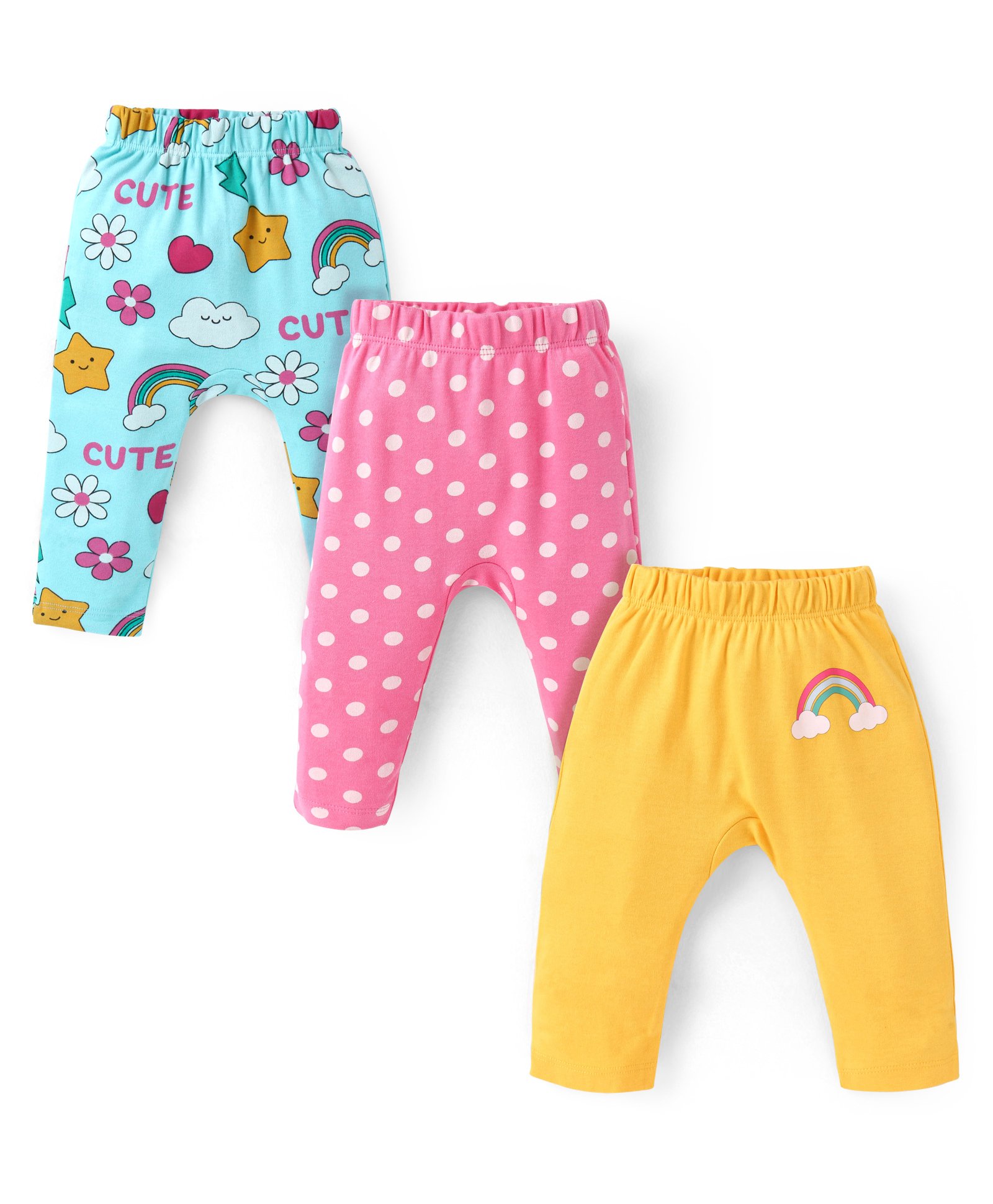 Babyhug Interlock Full Length Diaper Leggings With Floral & Polka Dots Print Pack Of 3 - Blue Pink & Yellow-picture-10