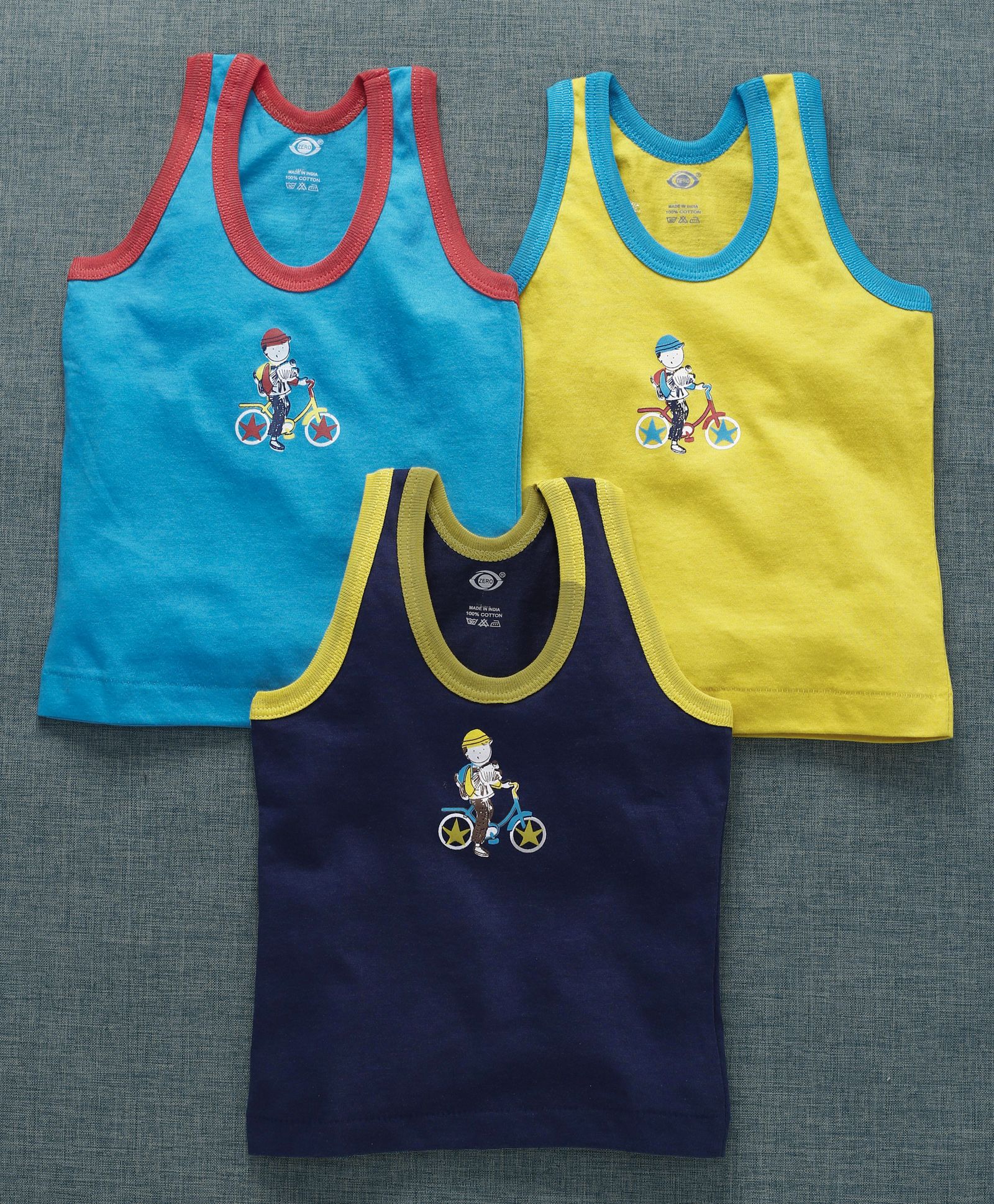 Zero Sleeveless Printed Vest Pack Of 3 - Blue Yellow-image-1