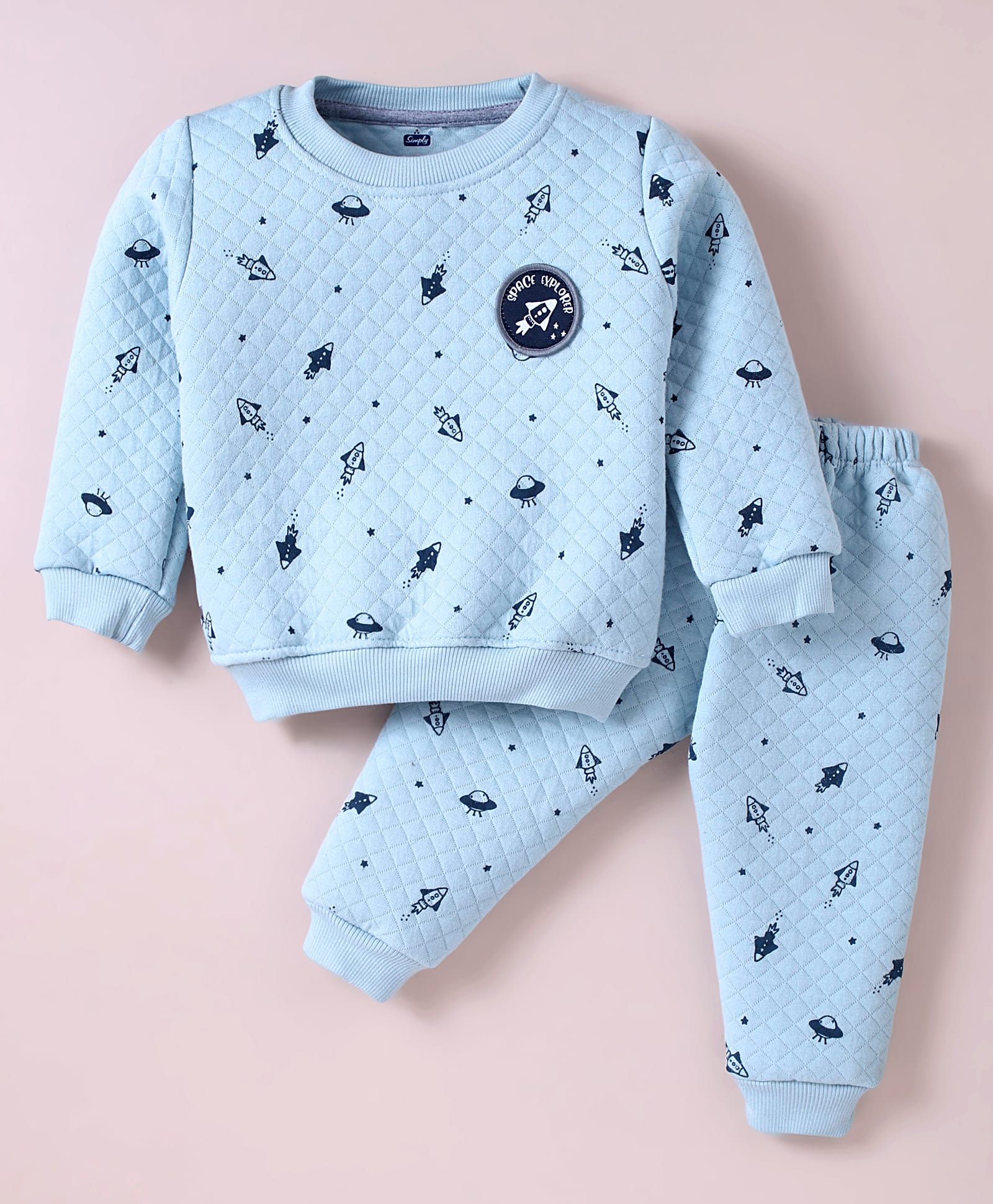 Simply Knit Full Sleeves Winter T-Shirt & Bottom Set With Space Theme Print - Light Blue-picture-18
