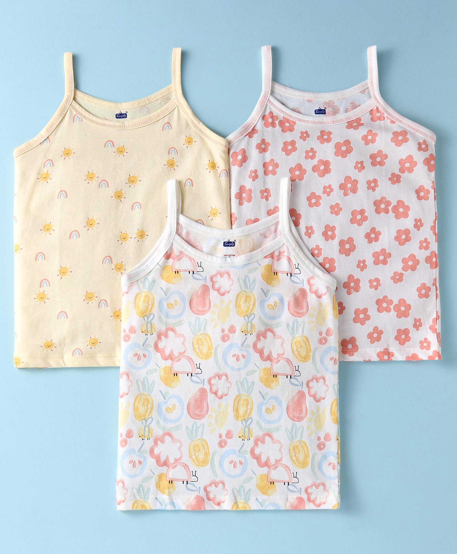 Simply Interlock Knit Singlet Sleeves Slips With Floral Print Pack of 3 - White Yellow & Pink-picture-10