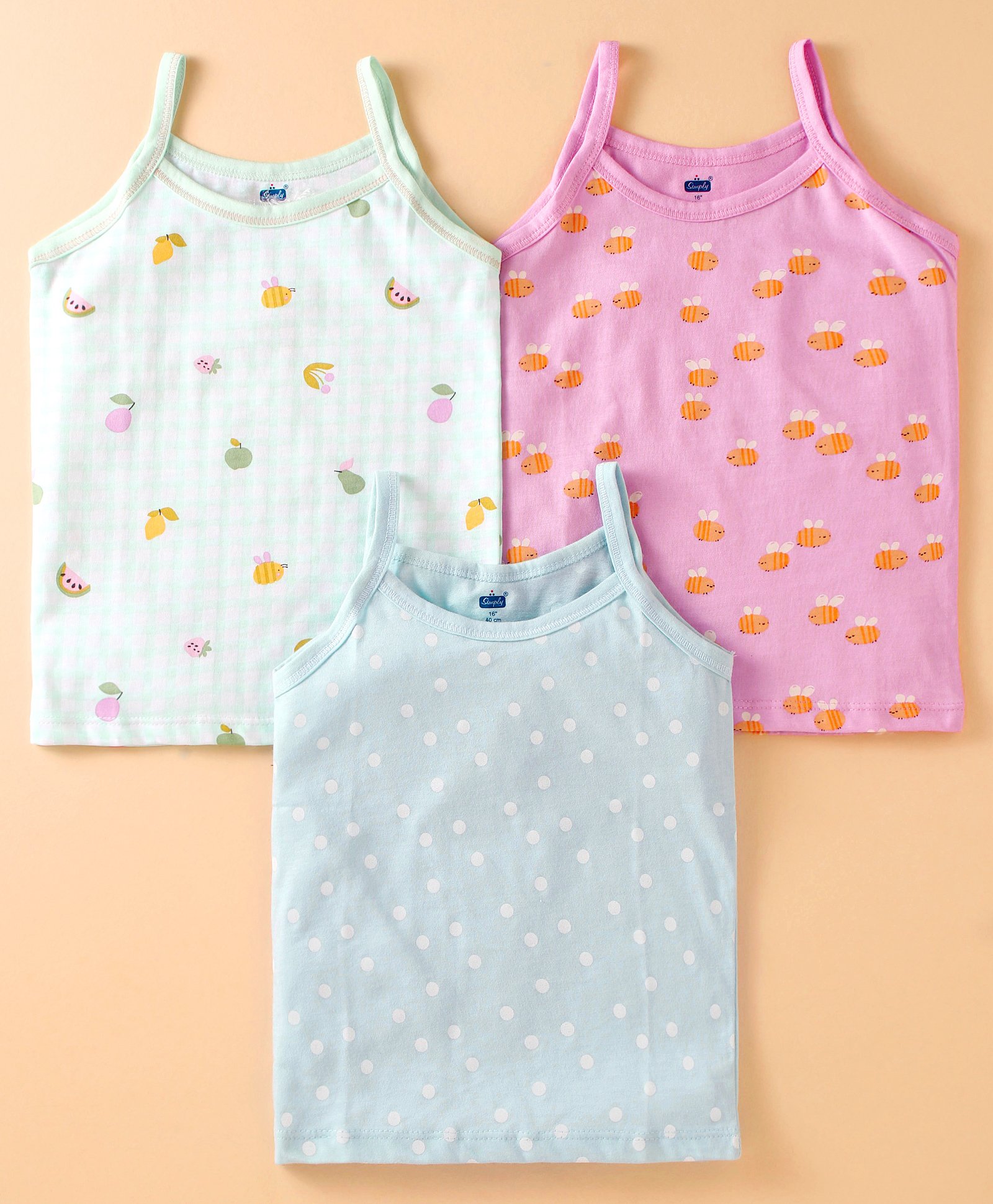 Simply Interlock Knit Singlet Sleeves Slips With Bee Print Pack of 3 - Light Green Pink & Light Blue-image-40