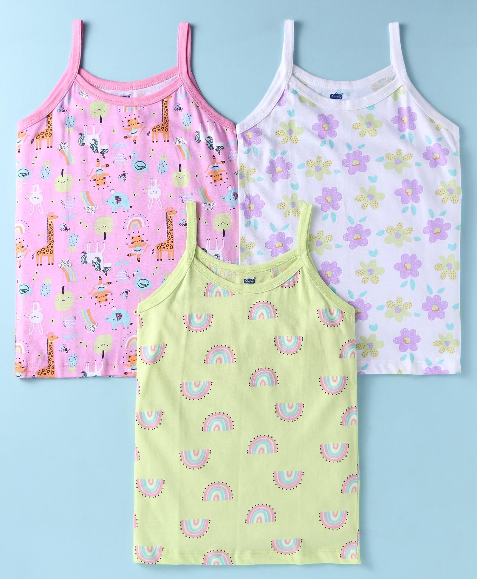 Simply Interlock Knit Singlet Sleeves Slips With Floral & Animal Print Pack of 3 - Pink White & Green-image-21