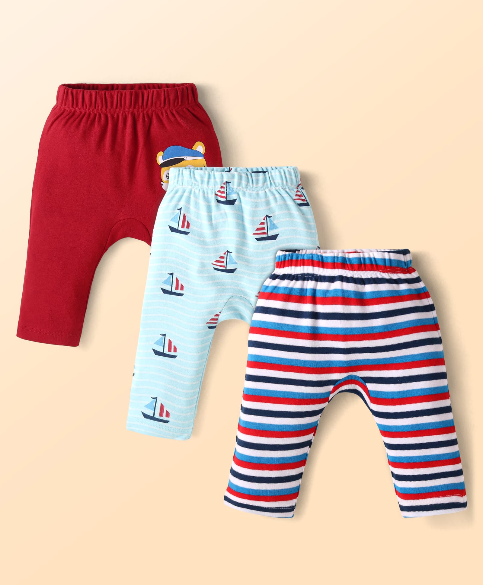 Babyhug Cotton Knit Full Length Diaper Leggings with Ship Print & Stripes Pack of 3 - Red Light Blue & White