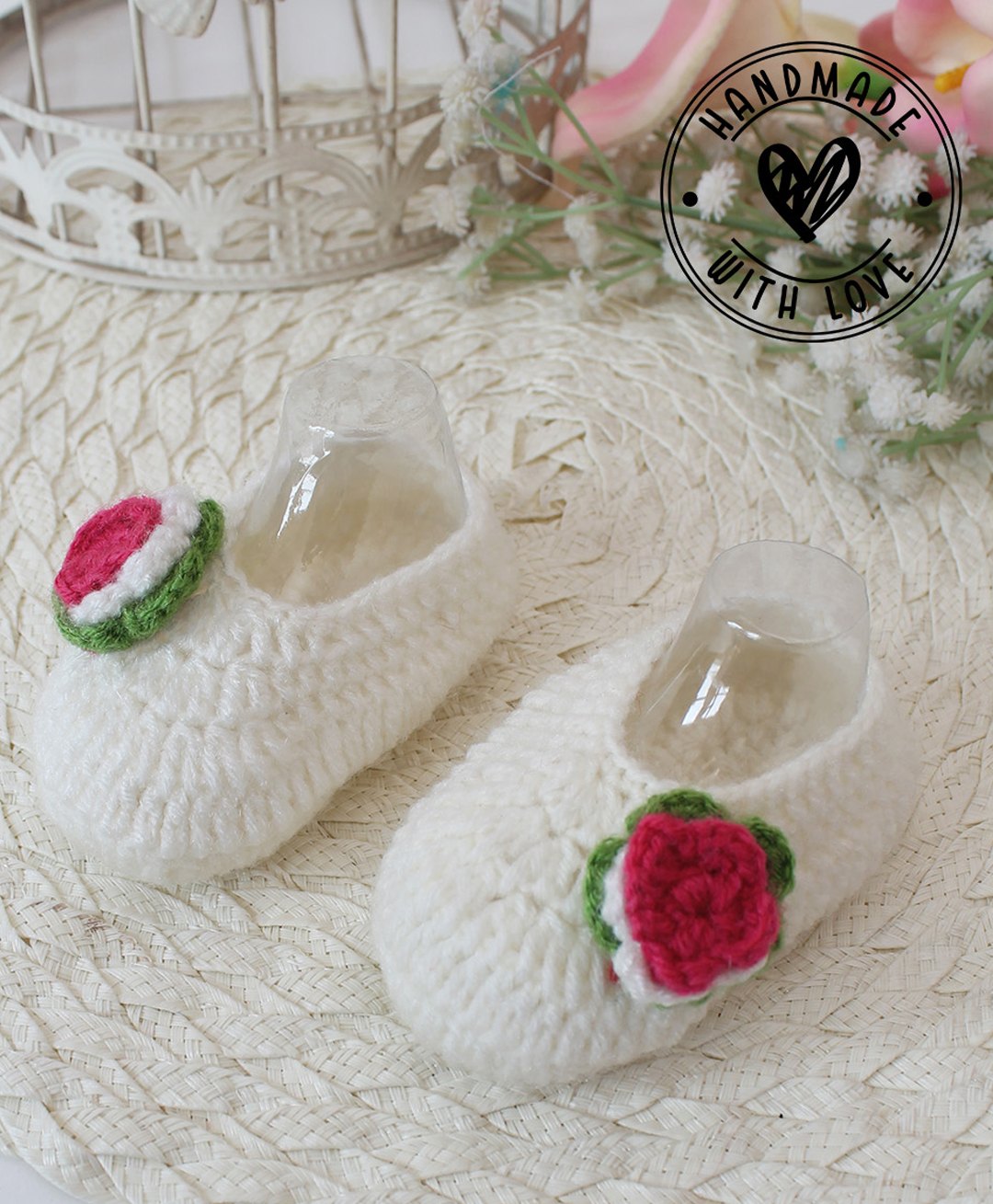 Woonie Floral Applique Designed Handmade Crochet Booties - Cream-image-38