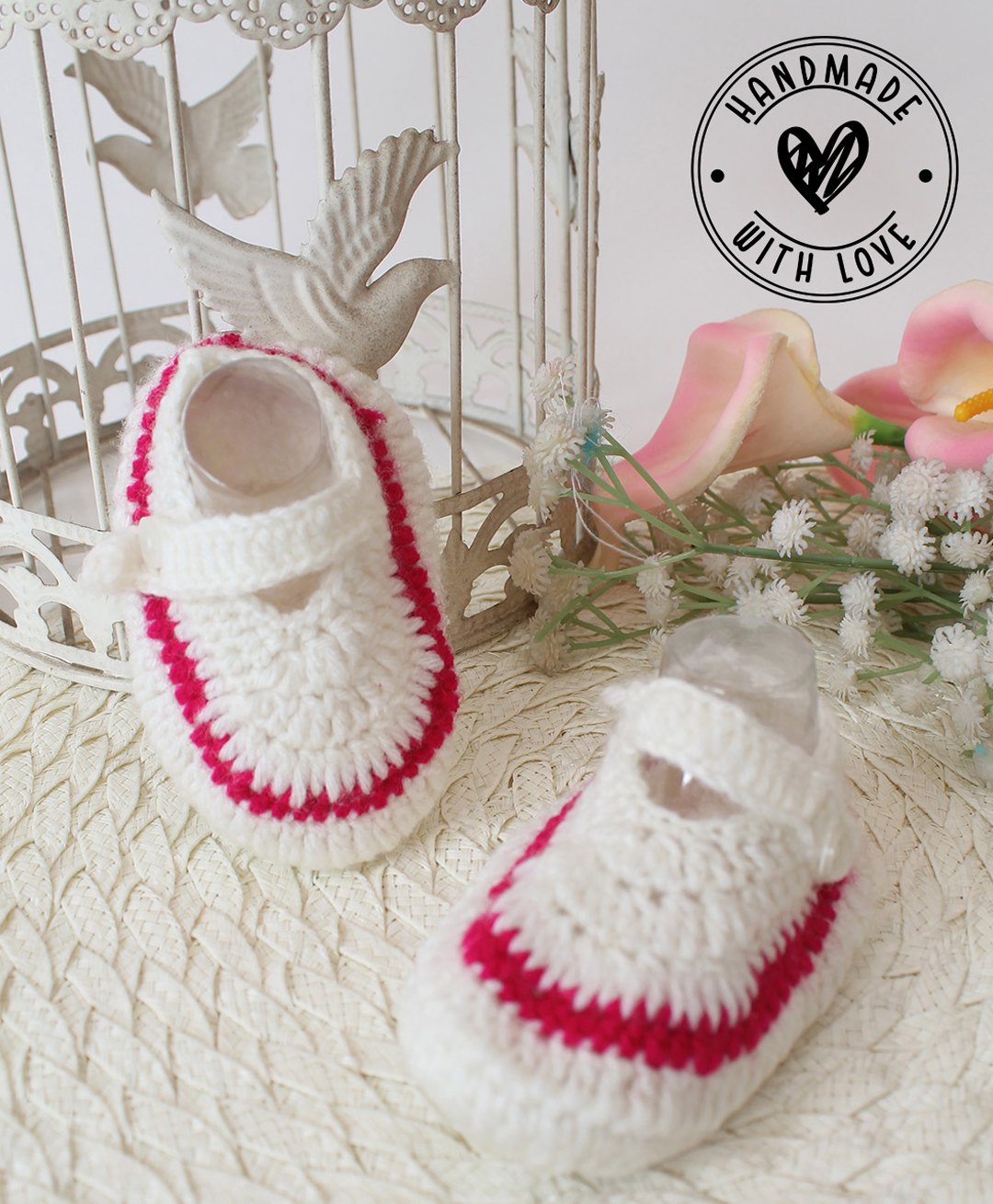 Woonie Colour Blocked Handmade Crochet Strap On Booties - Cream-image-21