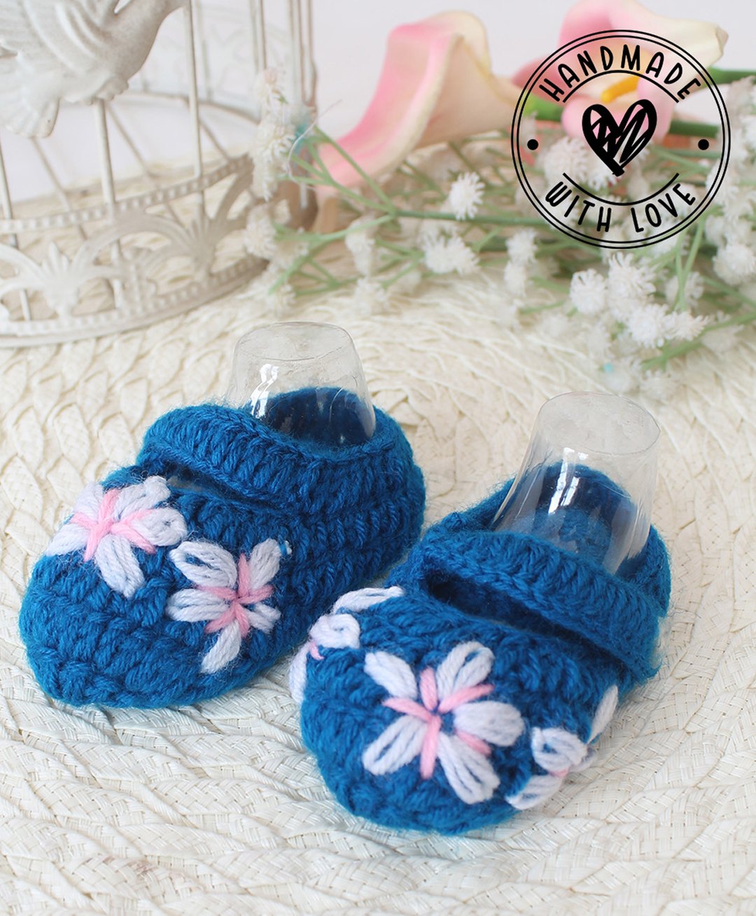 Woonie Floral Designed Handmade Crochet Booties- Blue-picture-23