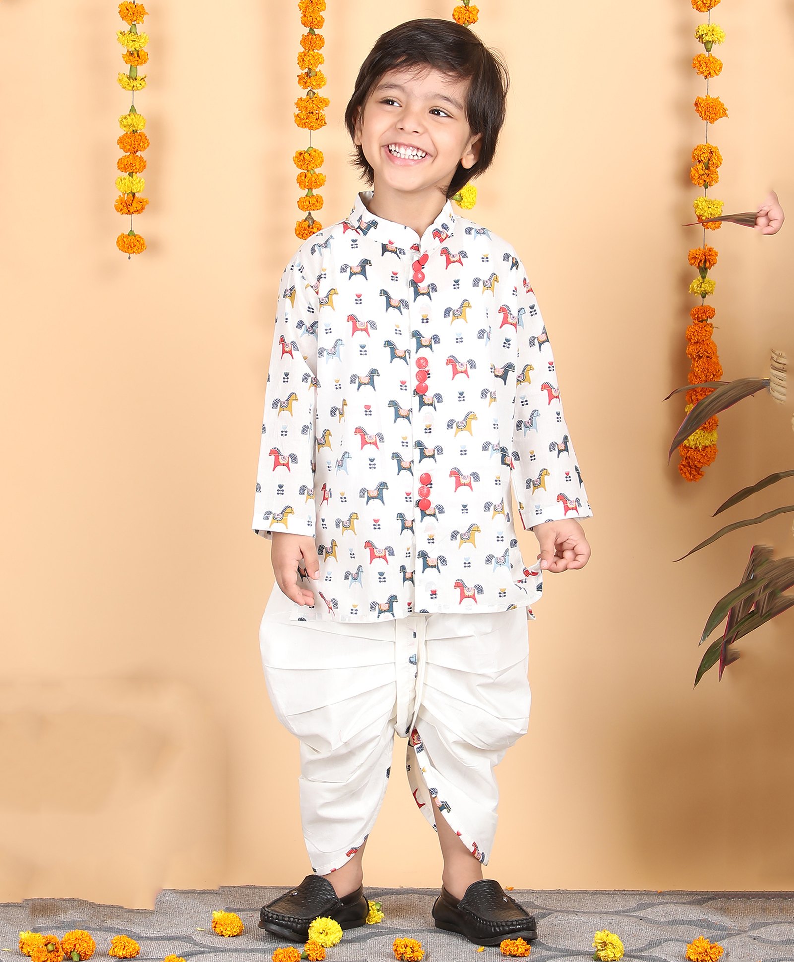 Polka Tots Cotton Full Sleeves Animal Printed Kurta With Dhoti - Off White-picture-15