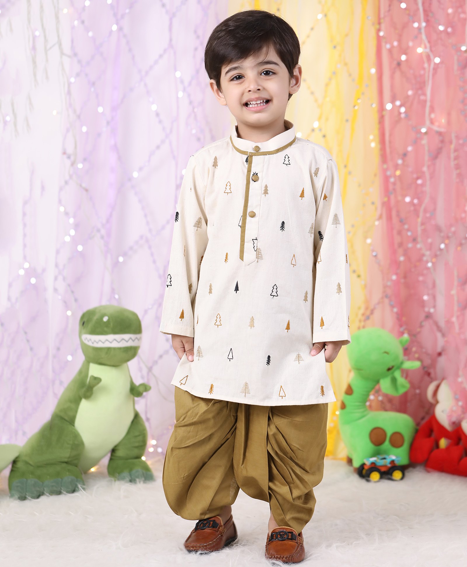 Polka Tots Cotton Full Sleeves Tree Embroidered Kurta With Dhoti - Brown-image-14
