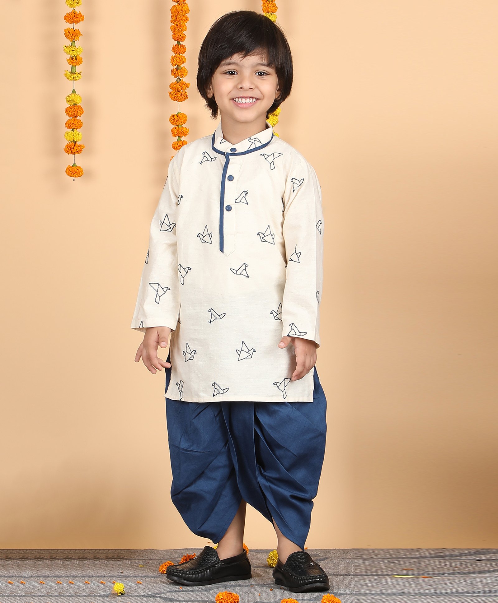 Polka Tots Cotton Full Sleeves Origami Bird Embroidered Kurta With Dhoti - Cream-image-7