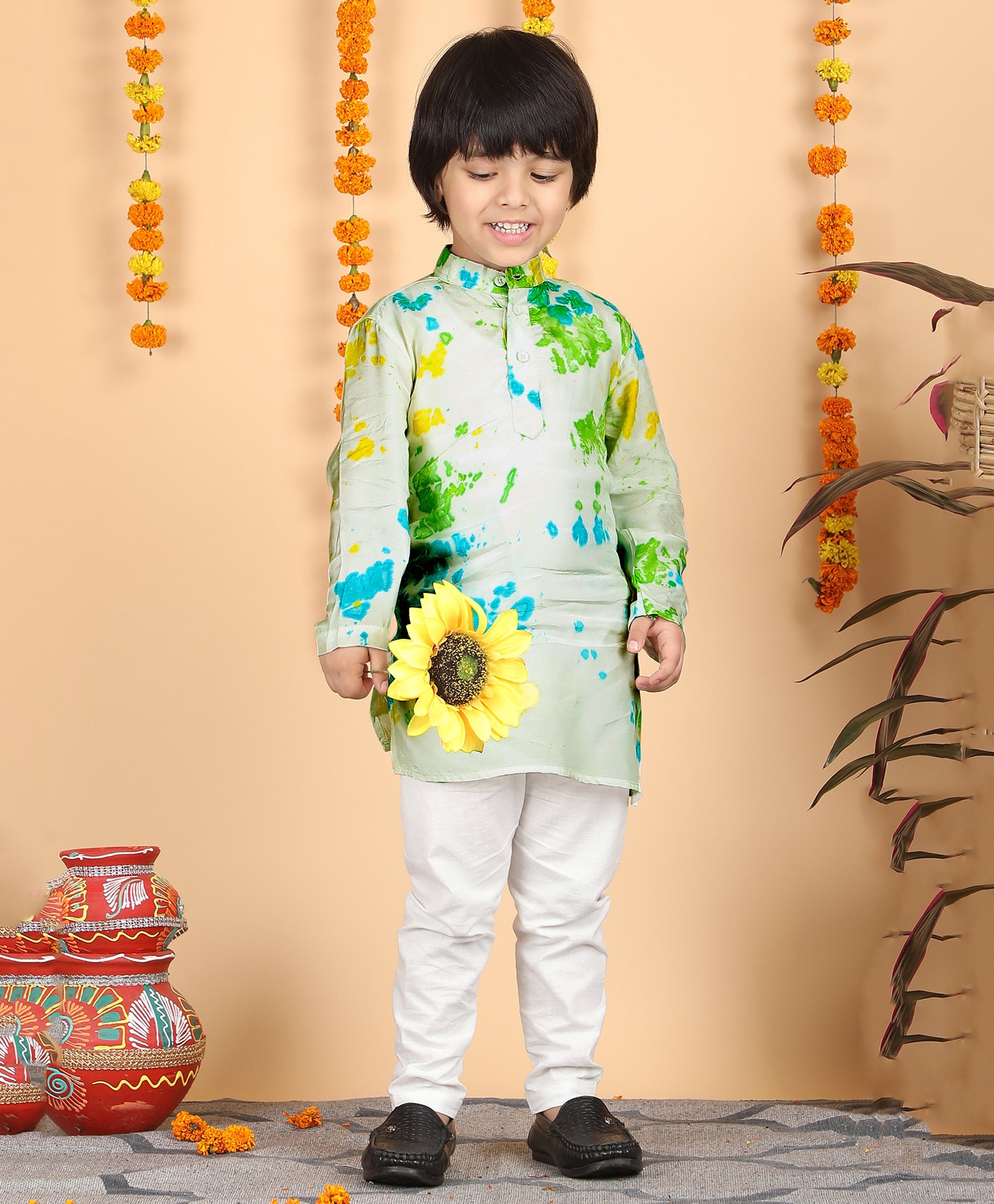 Polka Tots Cotton Full Sleeves Colour  Splash Printed Kurta Pyjama  - Multi Colour-image-22