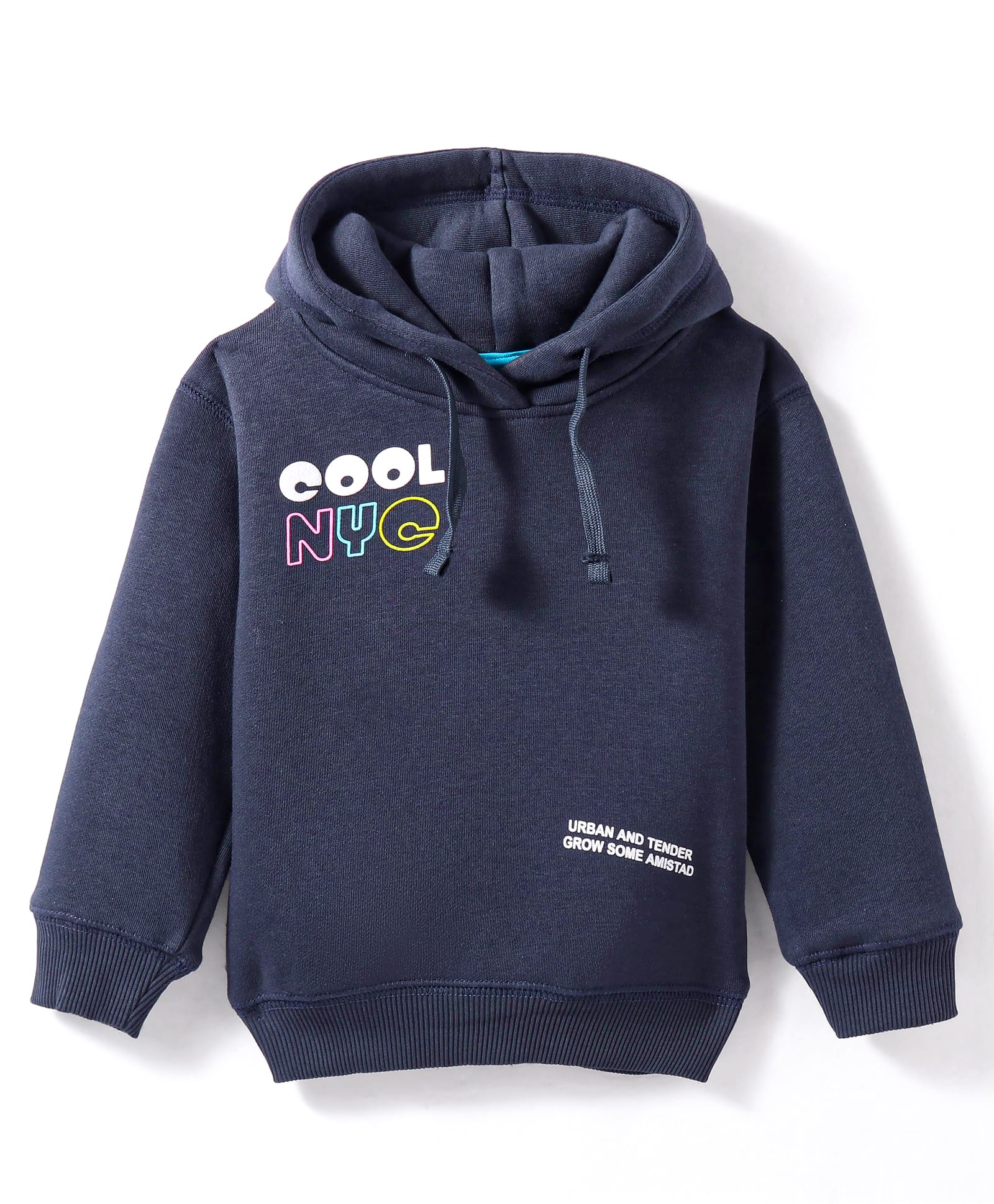 Doreme Fleece Knit Full Sleeves Hooded Sweatshirt With Text Print - Navy Blue-image-42