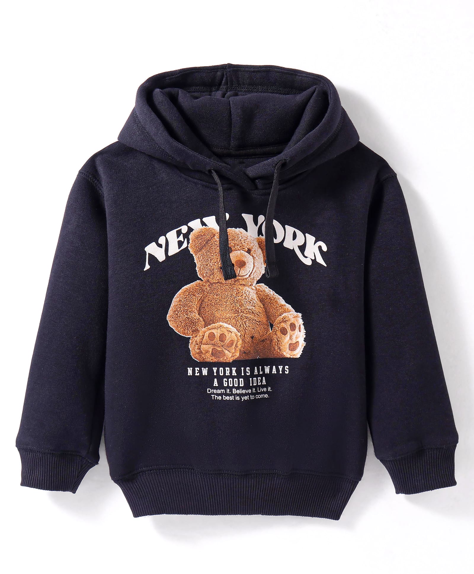 Doreme Fleece Knit Full Sleeves Hooded Sweatshirt With Teddy Bear Print - Black-image-45