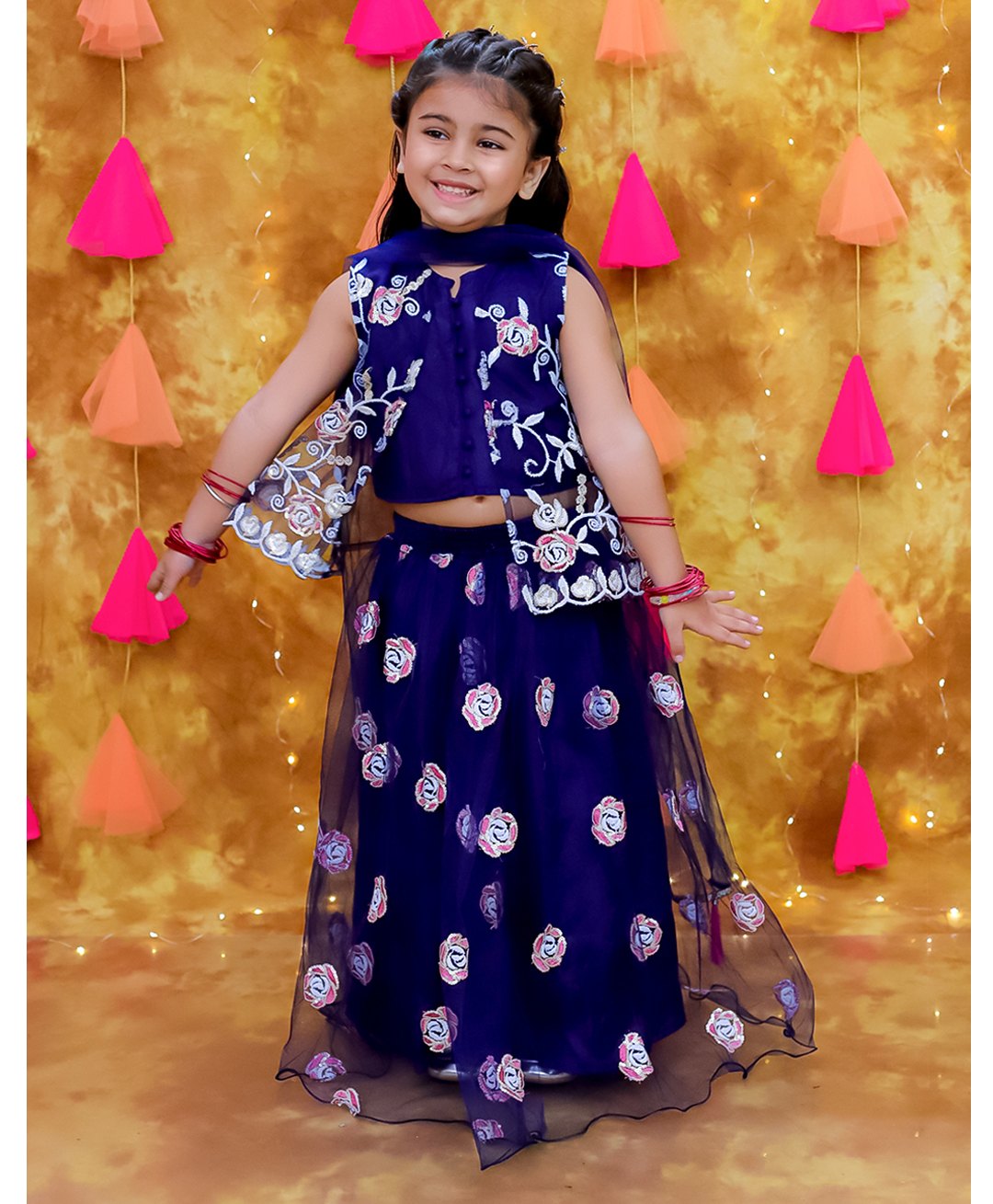 KID1 Sleeveless Floral Embroidered & Sequins Embellished Coordinating Lehenga Choli & Dupatta Set - Navy Blue-picture-20