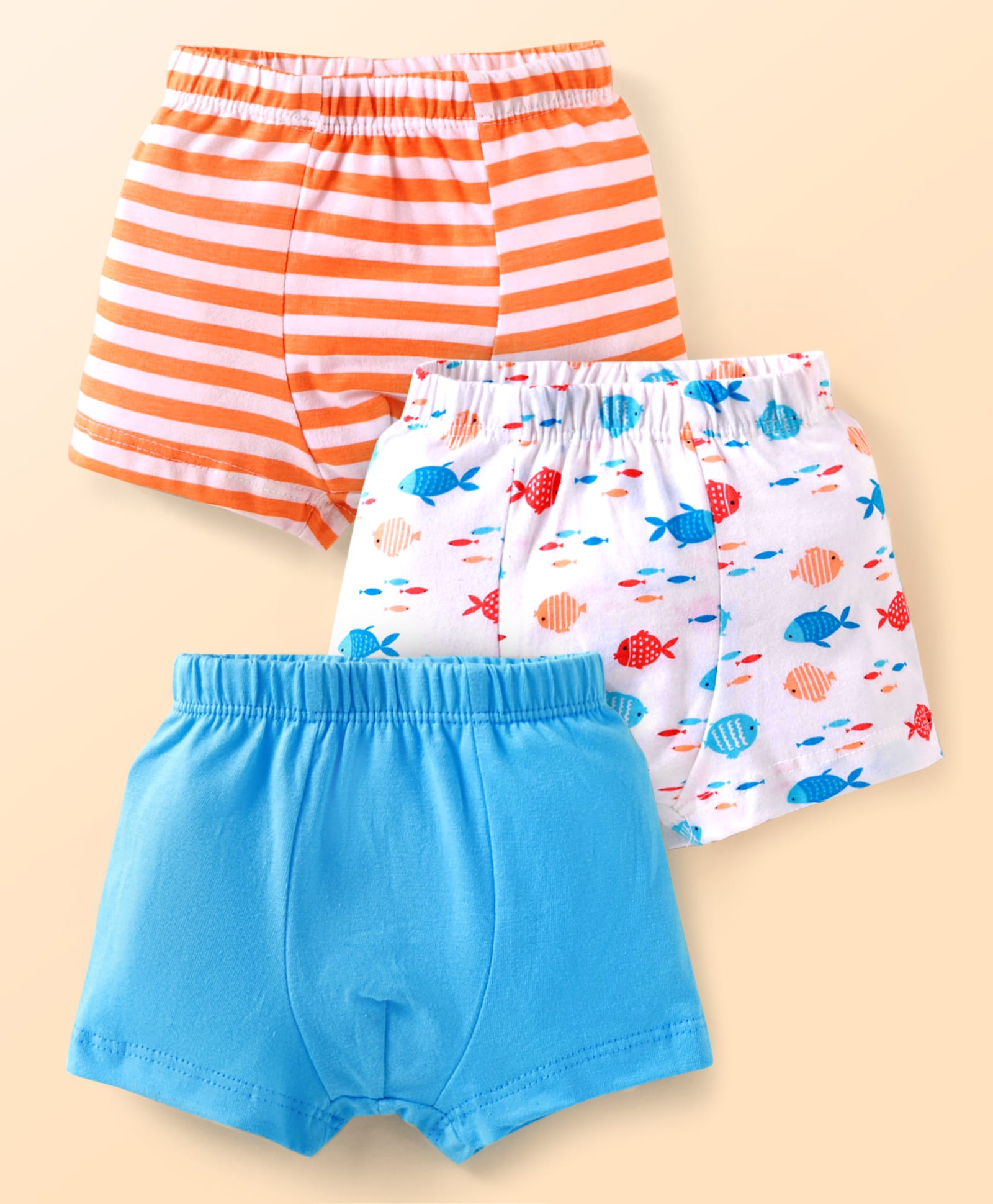 Babyhug Single Jersey Knit Trunks With Fish Print Pack of 3 - Blue White & Orange-image-34