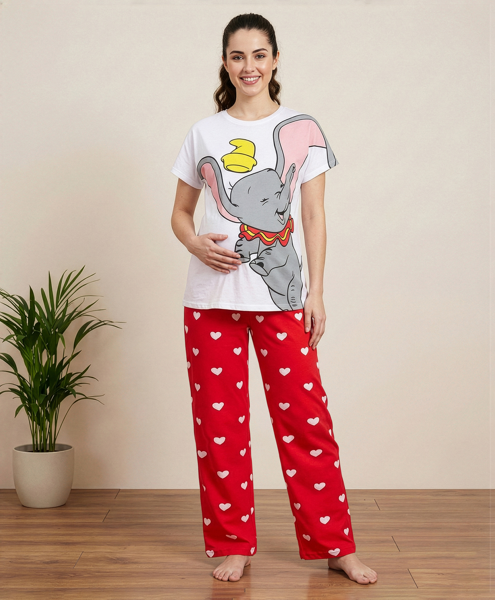 Bella Mama Disney Cotton Knit Half Sleeves Night Suit With Dumbo Graphics - White & Red-picture-27