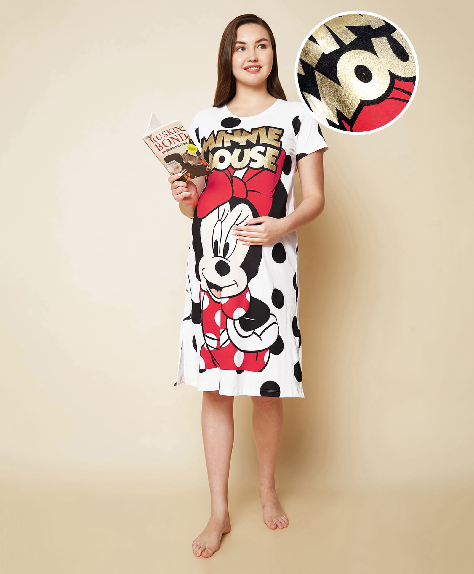 Bella Mama Cotton Knit Half Sleeves Maternity Nighty With Minnie Mouse Graphics & Foil Print Detailing - White-image-45