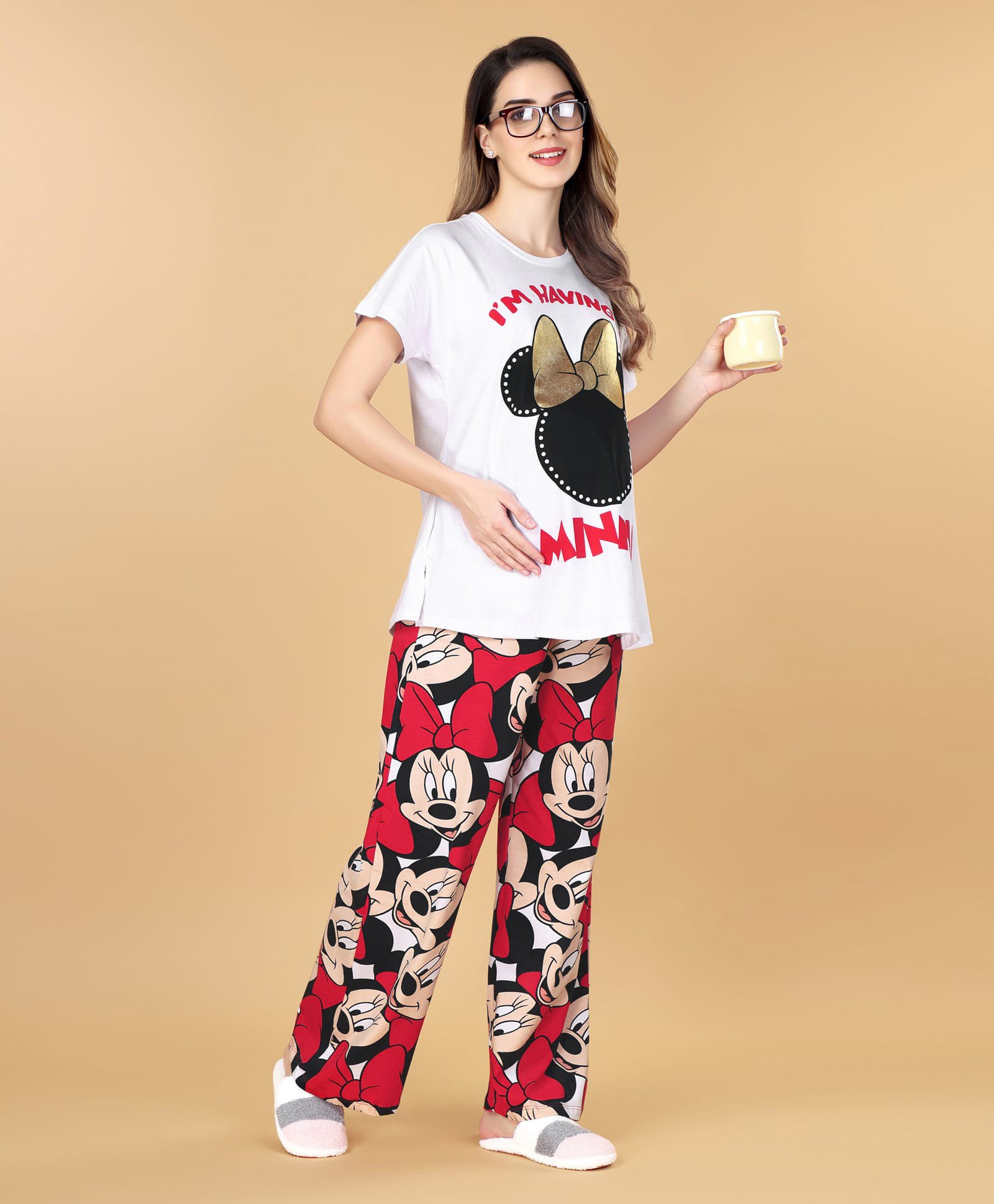 Bella Mama Disney Cotton Knit Half Sleeves Pullover Maternity Night Suit With Minnie Mouse Graphics - Red