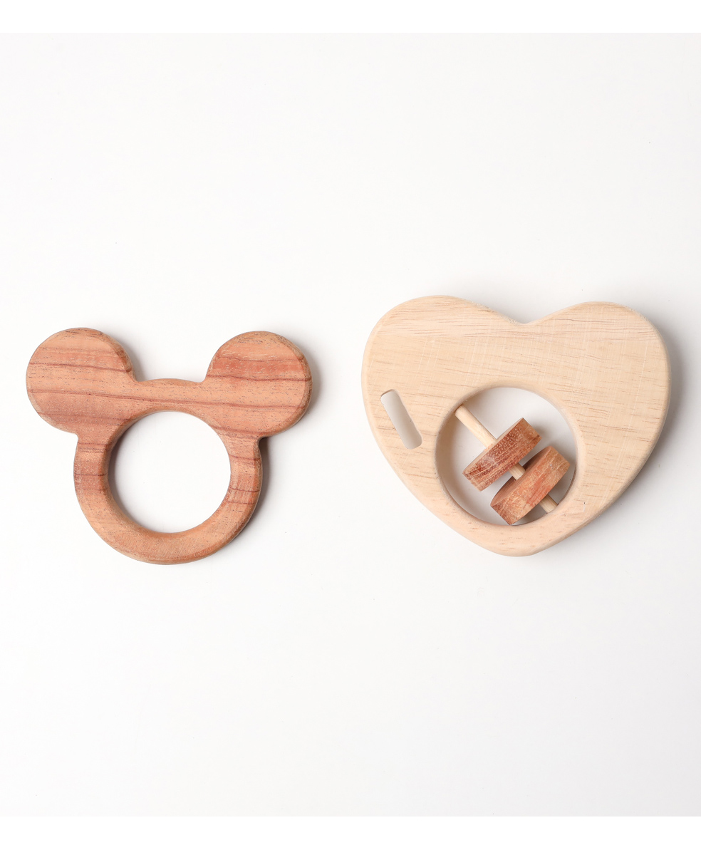 Wooden Handmade Sensory Stimulating -  Mickey Mouse Teether & Heart Rattle For Born Babies (2 Piece)-image-43